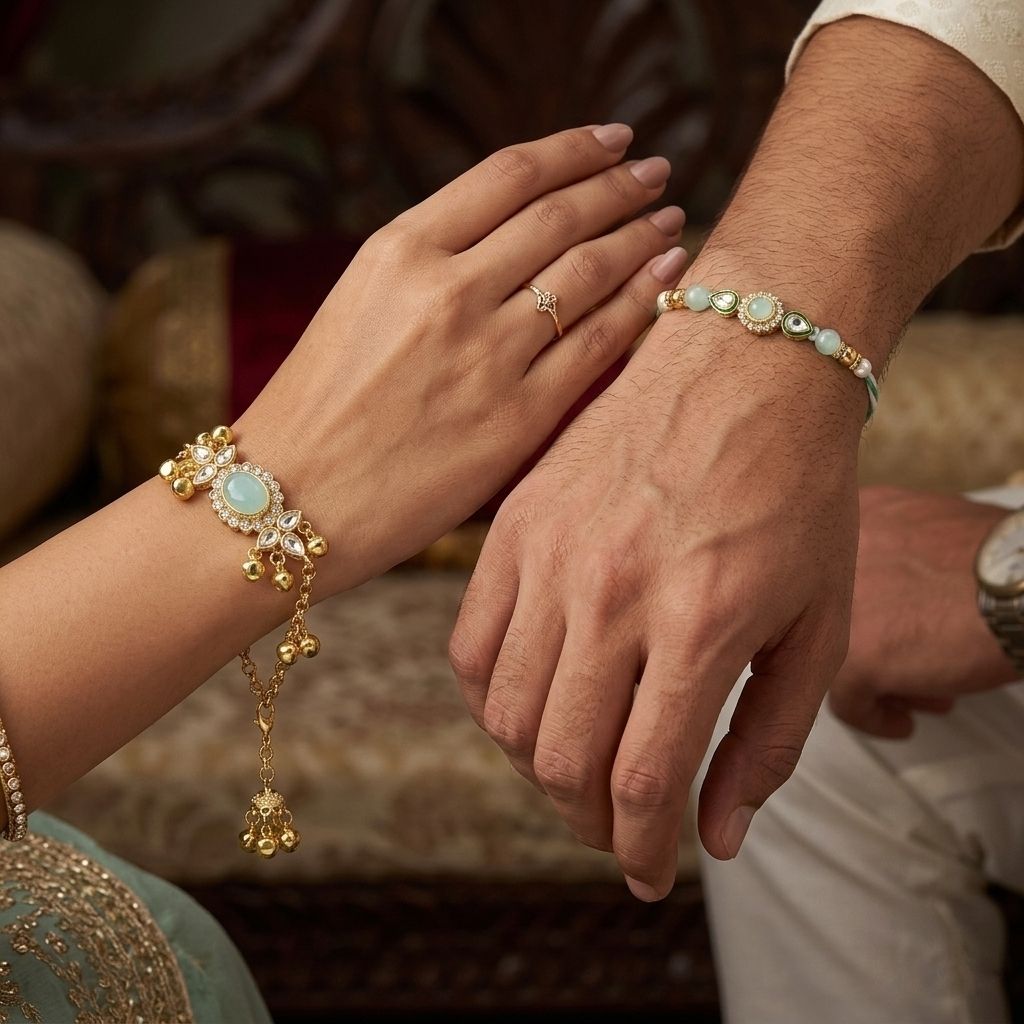 shubham jewellers Bhaiya Bhabhi Kashmari Rakhi 2 Gold Finish Chawal Roli Pack Set-picture-20