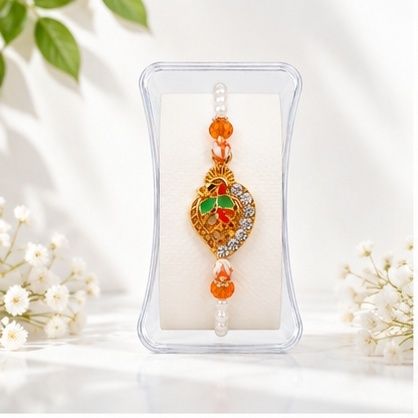 ss goods and co Bracelet Premium Designer Gold Plated Pearl Rakhi with Red & Green Stonework Assorted, Mauli Thread, Pearl Chawal Roli Pack, Rakhi Set-picture-40