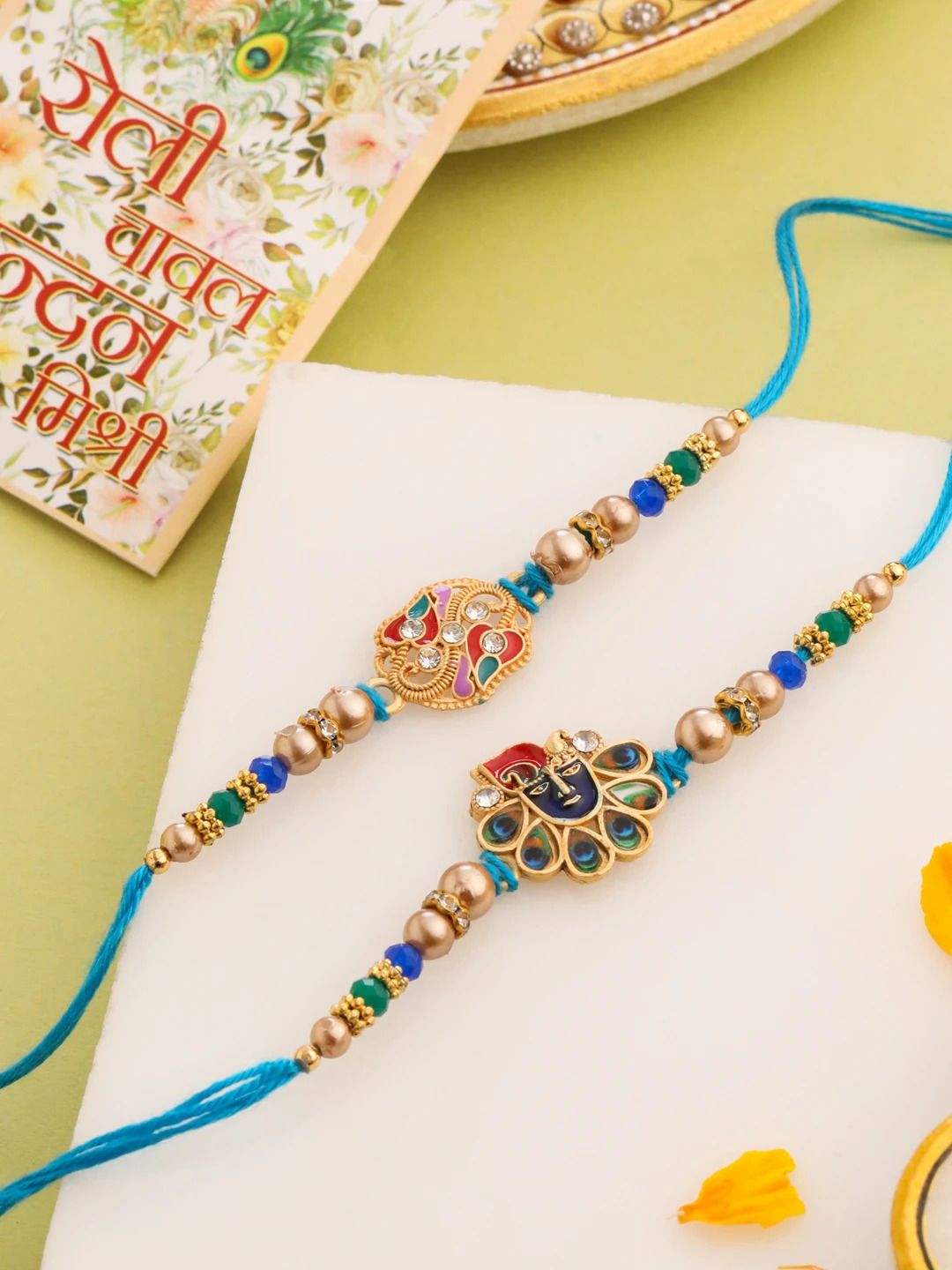 nvr Religious Set of 2 Khatu Shyam Baba Rakhi Combo for Borther| Khatu Rakhi for Bhai Mauli Thread, Gold Finish, Kundan Rakhi Set-picture-14