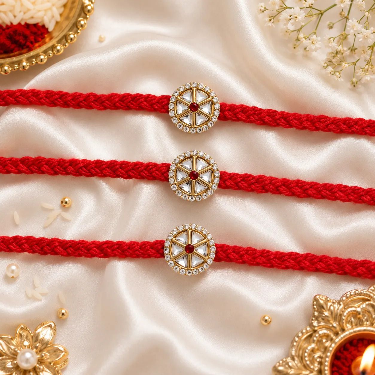 Thread red traditional kundan work rakhi Mauli Thread Chawal Roli Pack Set-image-31