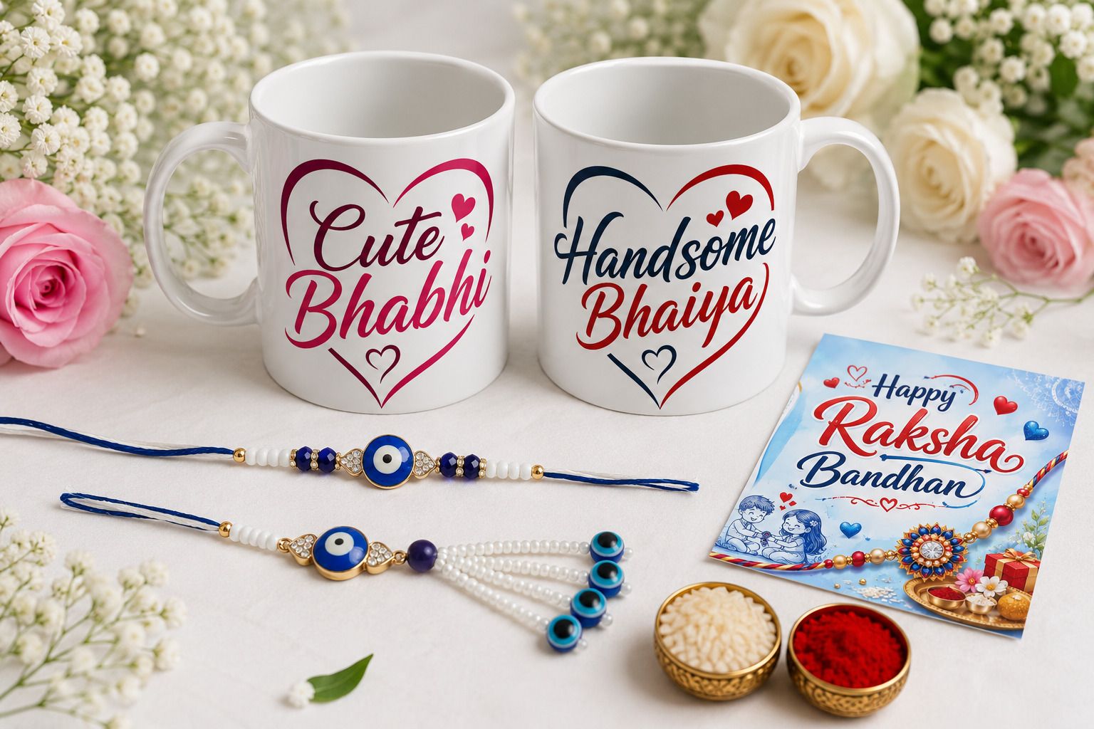 Rudraksh Couple Mug & Evil Eye Rakhi Set L-Evil New3 Assorted Chawal Roli Pack, Greeting Card, Rakhi, Mug Set-image-2