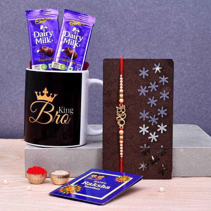 cadbury Thread King Bro Black mug with Red kundan Rakhi,1 Rakhi, 1 Tilak With Greet Card Rakhi Kundan Mug, Greeting CardSet-picture-2