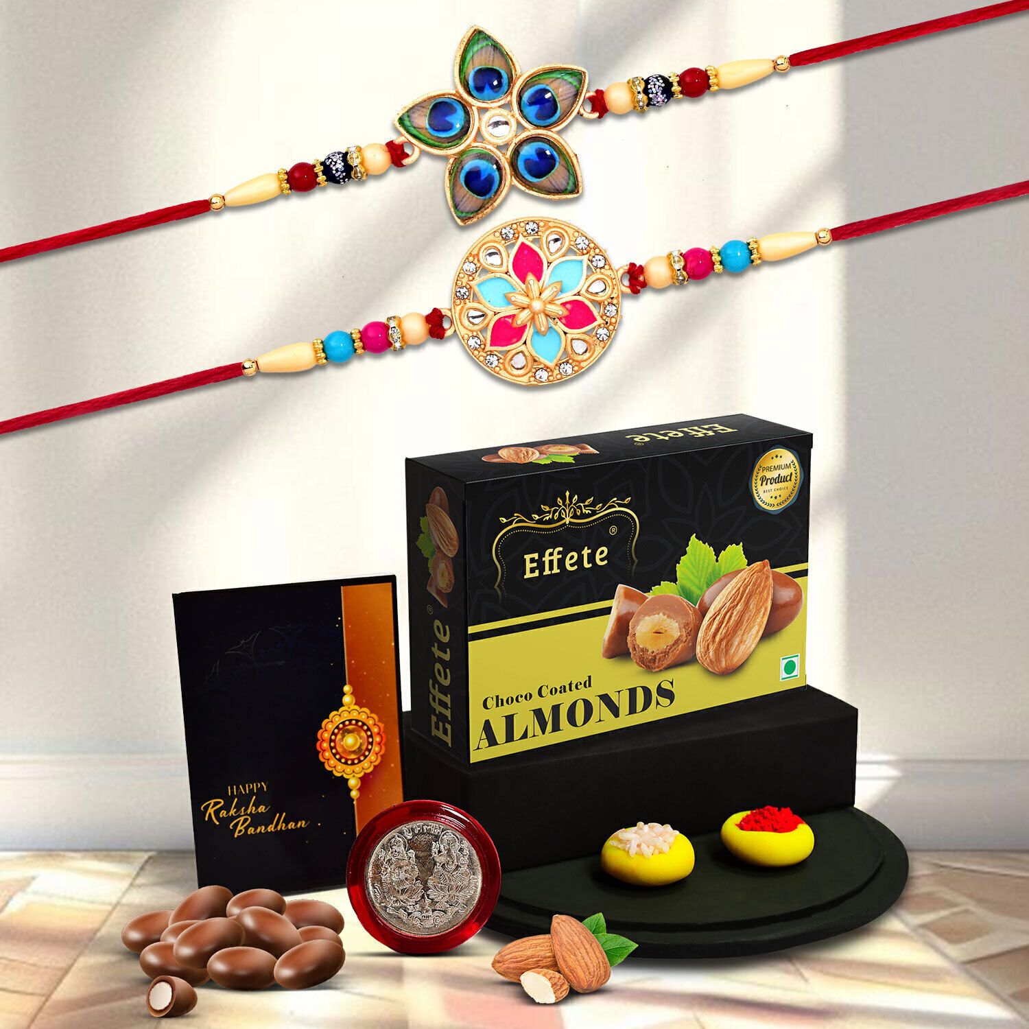 Designer Rakhi Combo Gift Set for Brother |Almnond 32 Gm|Chocolate|Y22K2_512+701_CA32 Assorted Rakhi, Greeting Card, Chawal Roli Pack, Coins Set-image-3