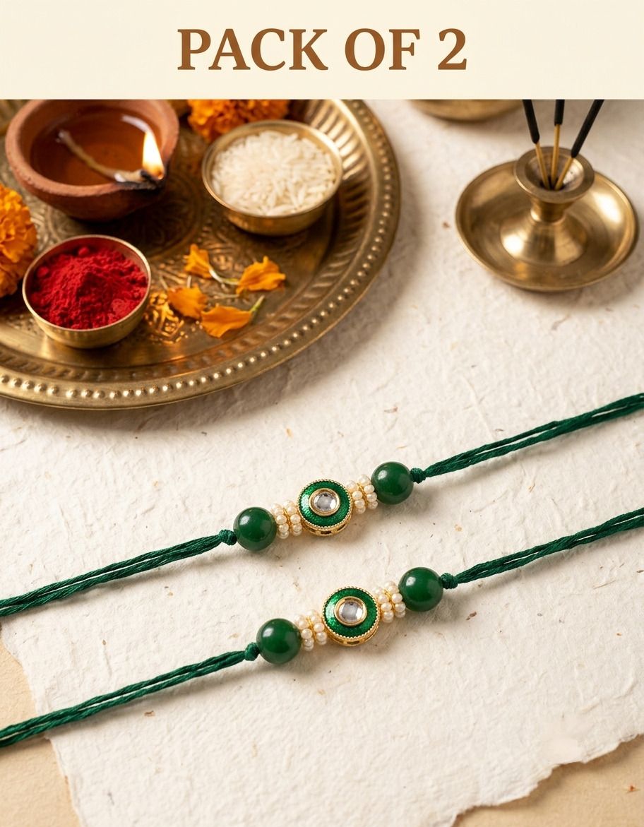 designer kundan rakhi set pack of 2 for brother | traditional red bead combo pearl chawal roli pack, rakhi set