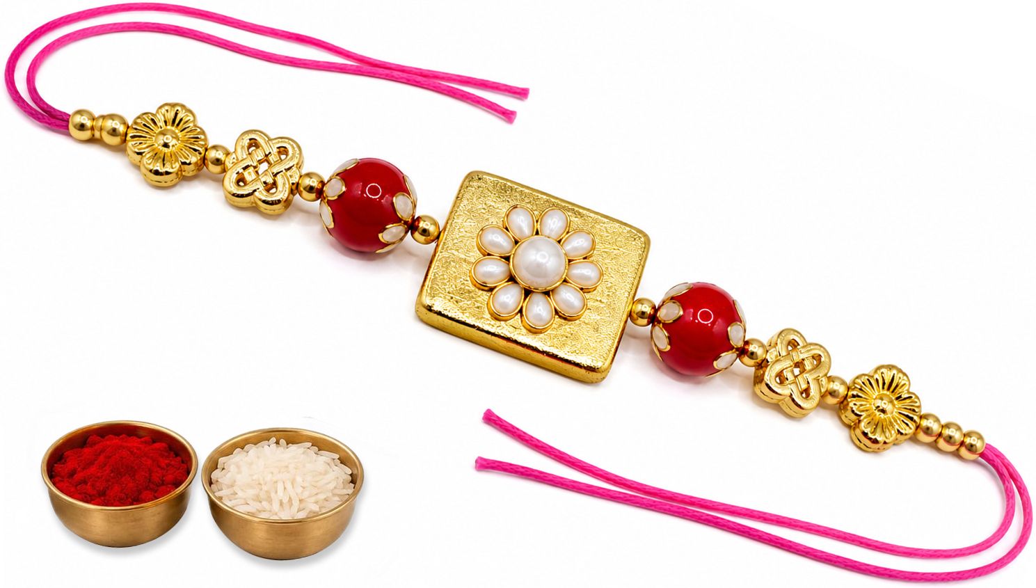 Designer Pink Stone Flower Rakhi for Brother Gold Finish Rakhi Set-image-42