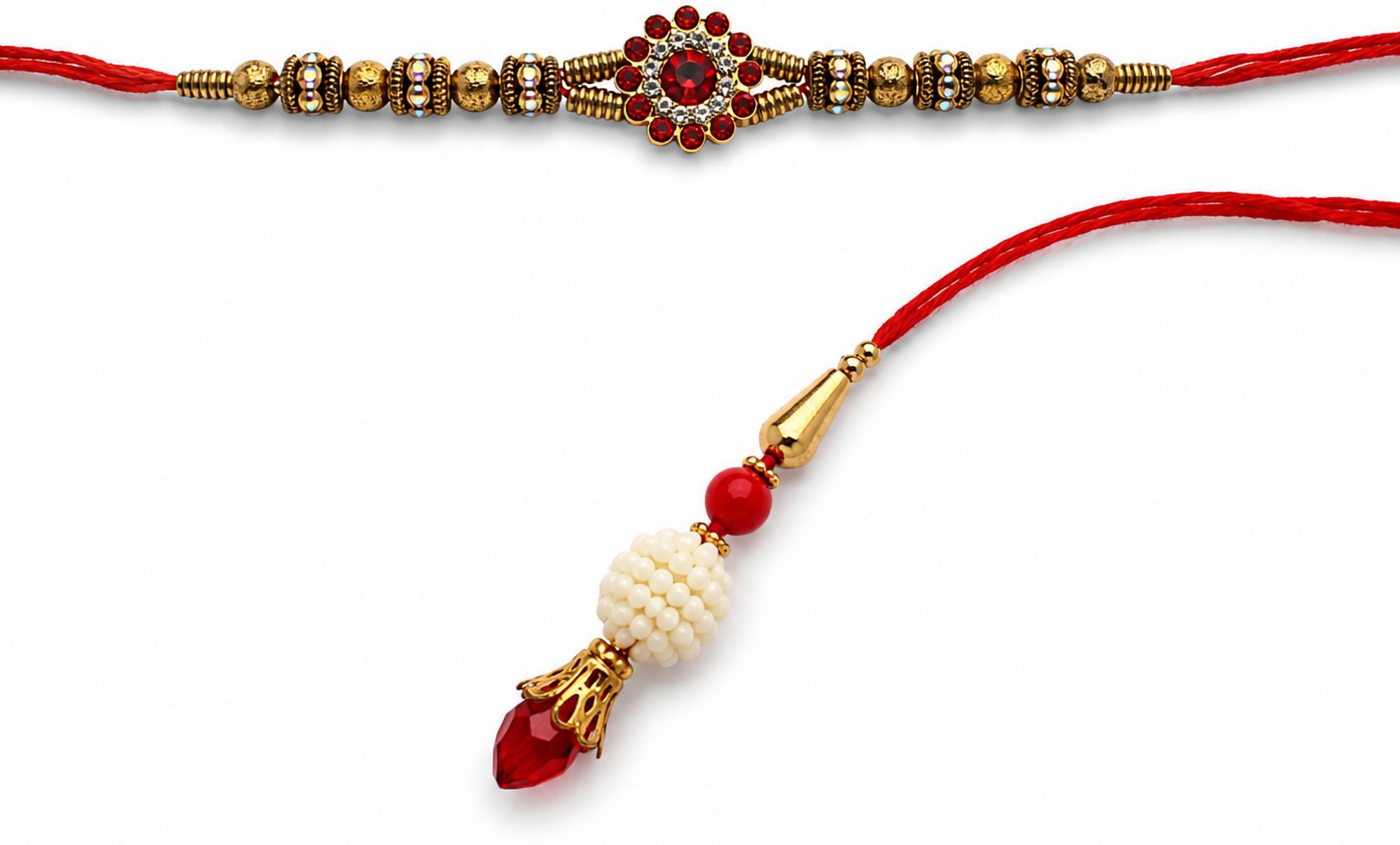 Bhaiya Bhabhi RNG-RK-BB-REDFLR-2-26 Pearl, Gold Finish Rakhi, Lumba, Chawal Roli Pack Set-image-36