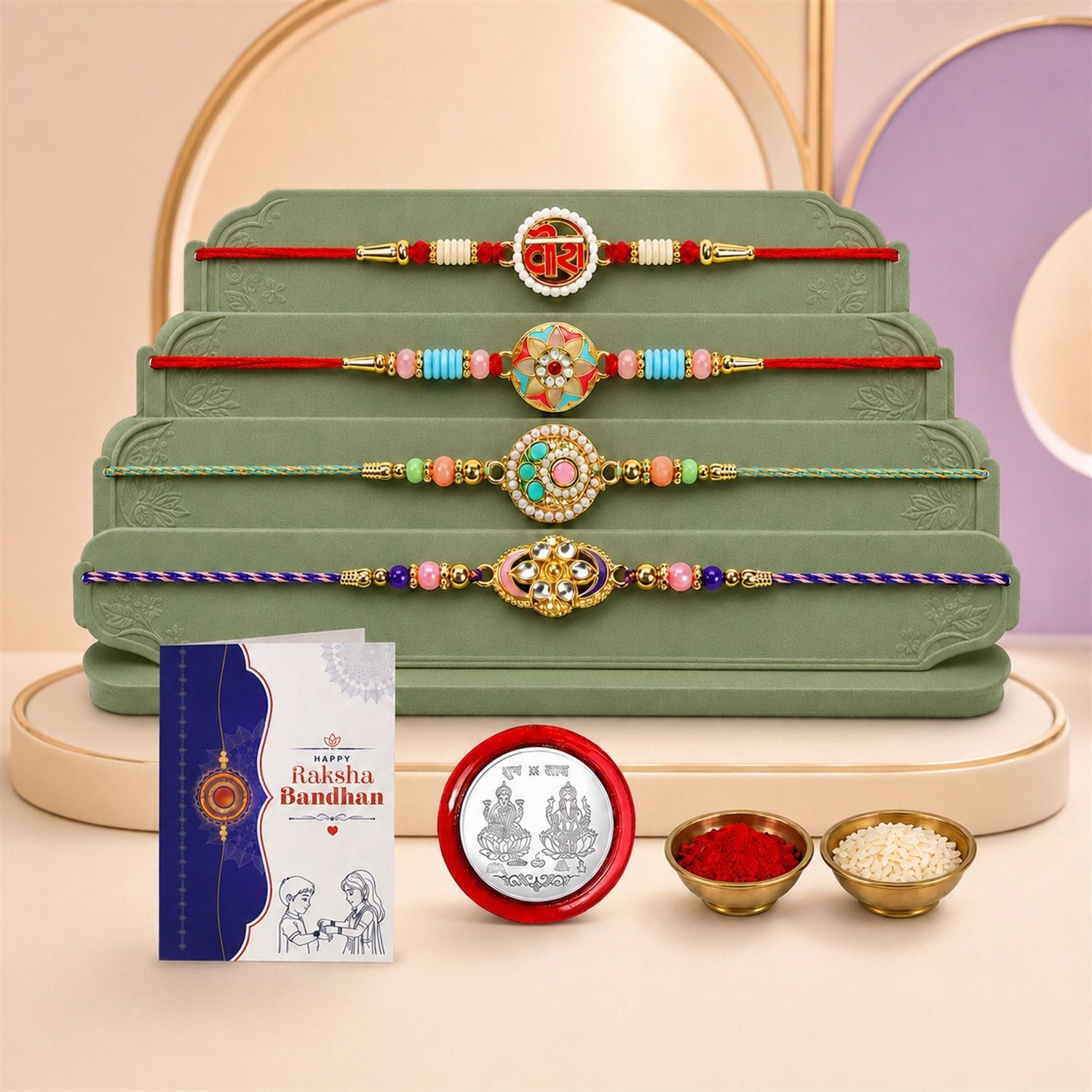 Designer Rakhi With Rakhi|Roli-chawal|Coin|Greeting Card_K4_1084+1094+1109+1110 Assorted Rakhi Set-image-37