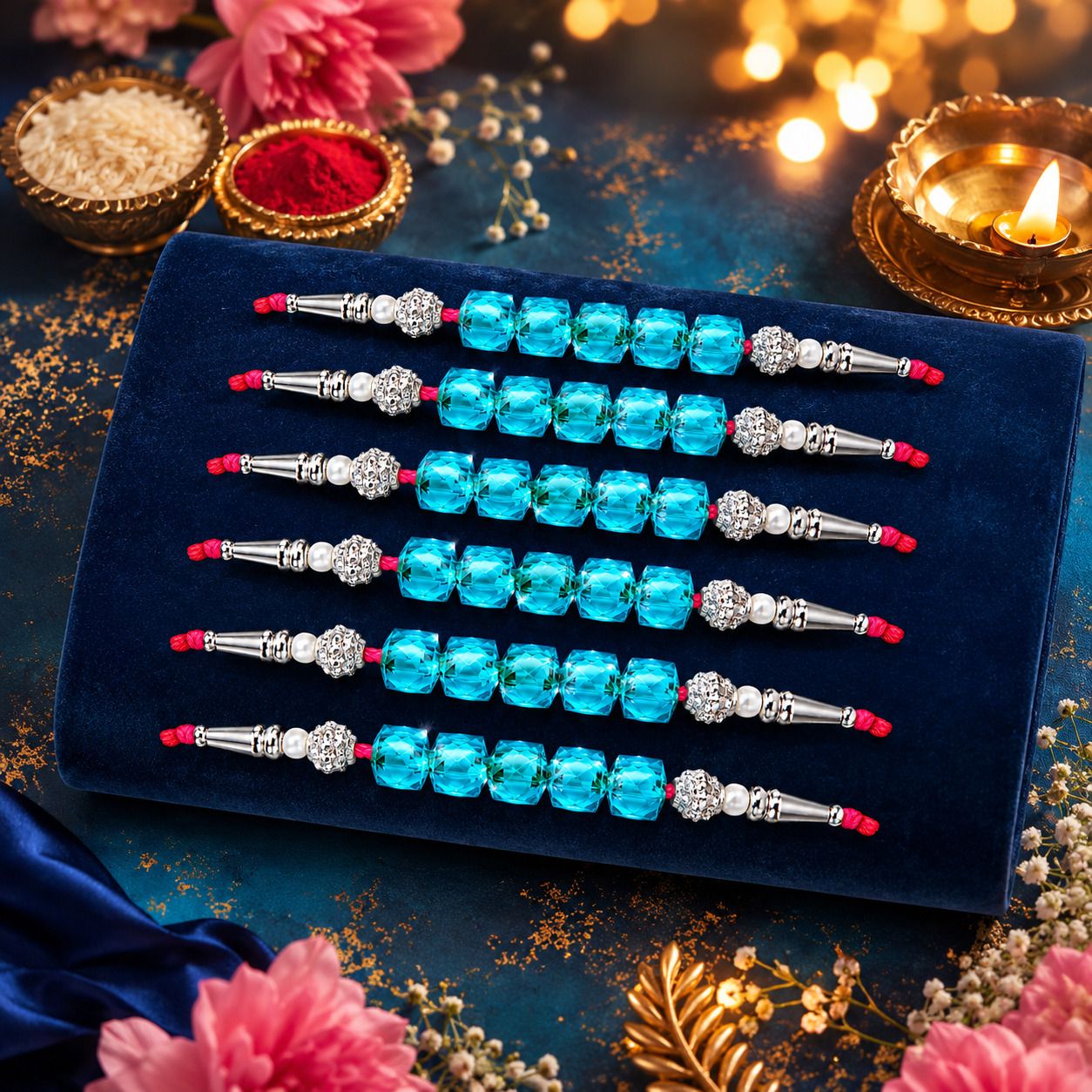 zaveri pearls Thread Fancy Blue Crystal Rakhi Set of 6 Traditional Festive Brother Gift Silver, Gold, Gold Finish, Pearl Rakhi, Chawal Roli Pack Set-picture-14