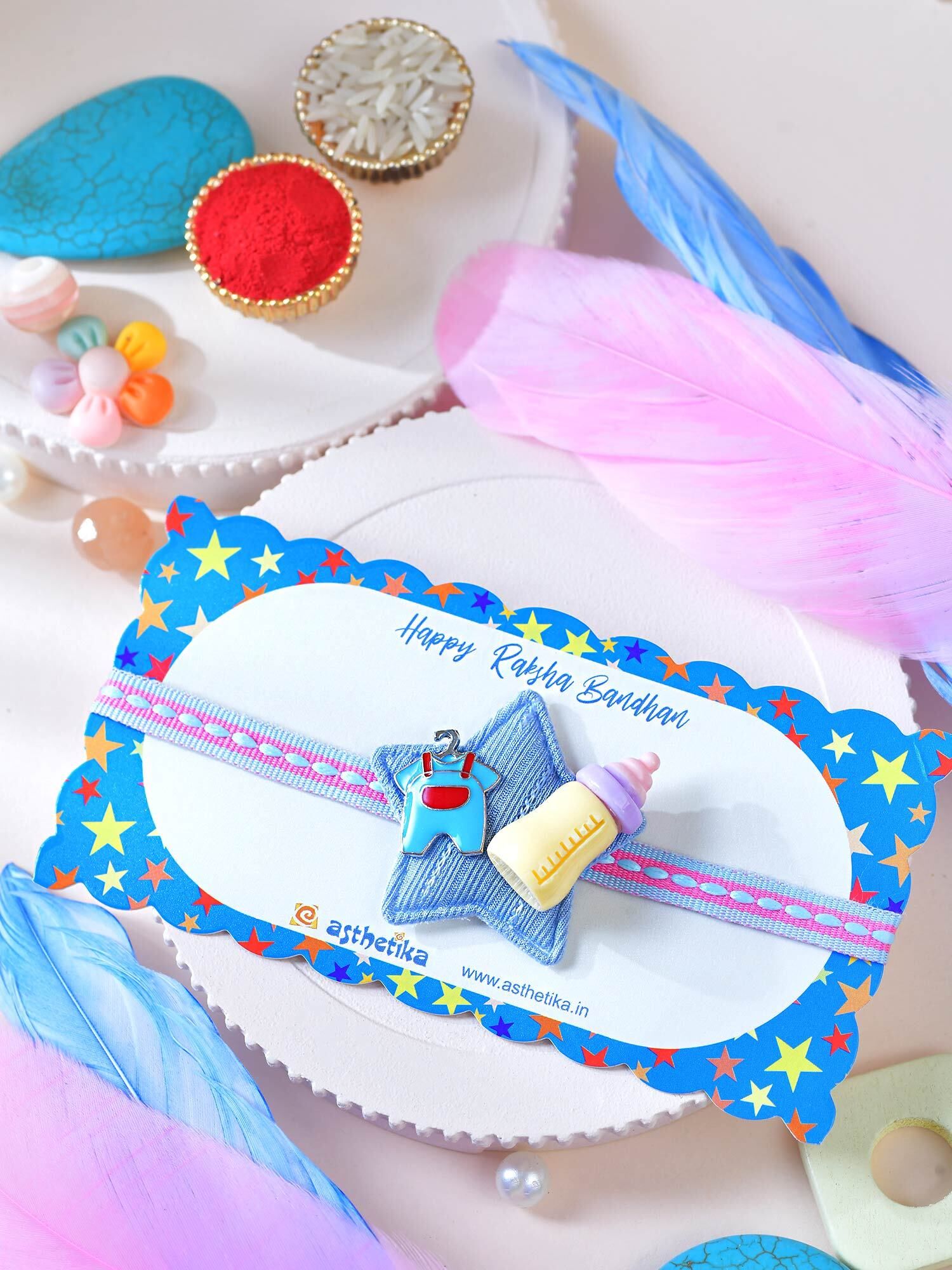 asthetika kids Kids Baby Bottle Rakhi with Roli Chawal Mauli Thread Chawal Roli Pack Set-picture-13