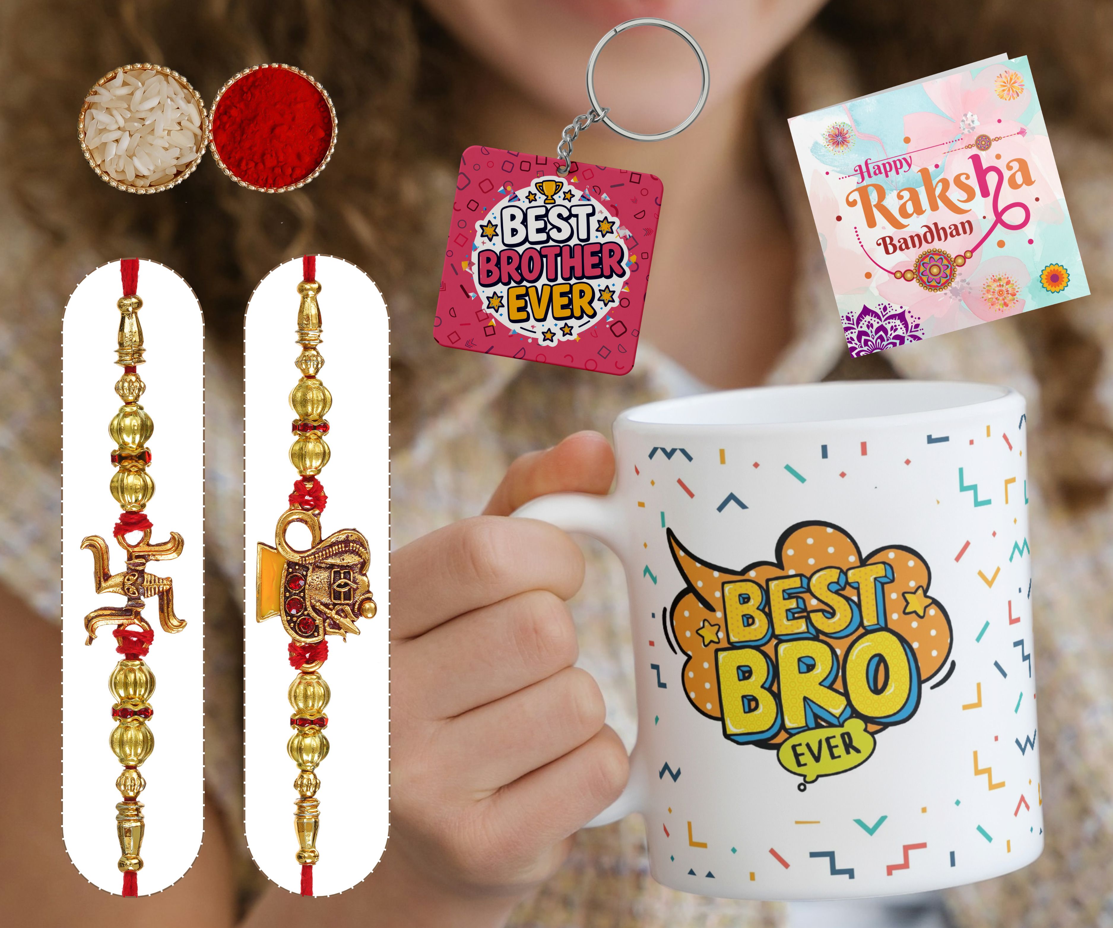 Designer Best Brother Rakhi Gift Combo with Mug Bro501_Key4344 Assorted Chawal Roli Pack, Greeting Card, Rakhi, Mug Set-image-30