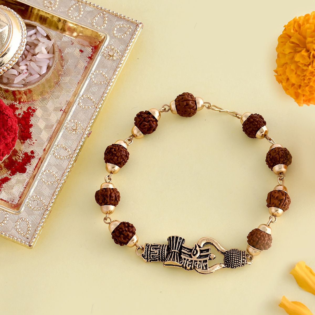 voylla Designer Lord Shiva Motifs Rudraksha Rakhi for Brother Assorted Chawal Roli PackSet-picture-45