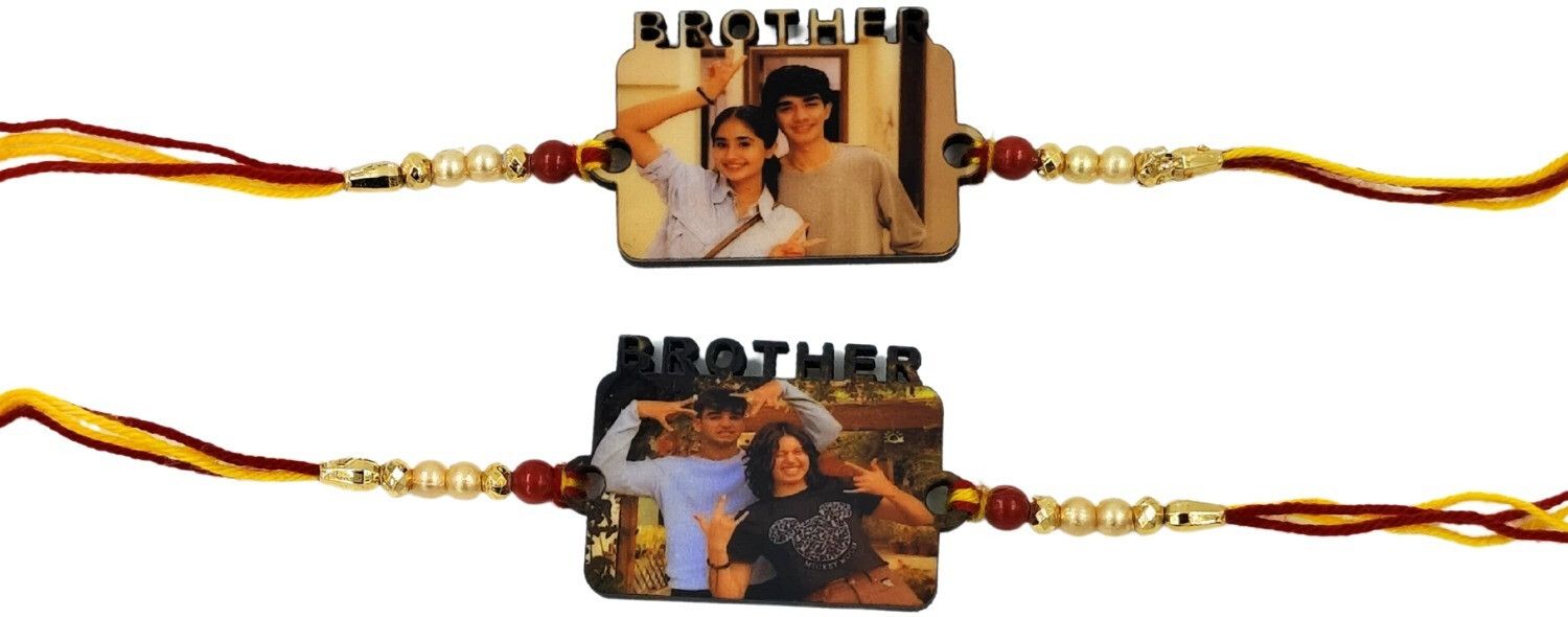 Thread Custom Photo Wooden Rakhi with “BROTHER” Text | Personalized Raksha Bandhan Gift Mauli Thread Rakhi Set-image-6