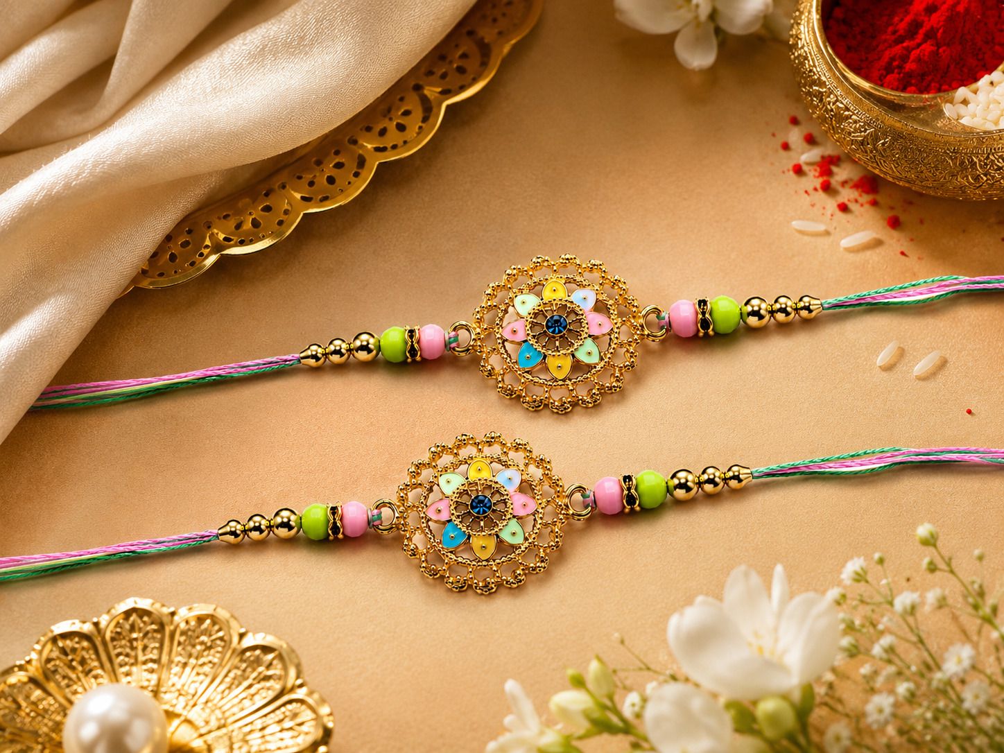 local charm Bracelet Latest Rakhi for Brother with Multicolor Enamel, Blue AD & Beads Gold Finish, Kundan, Mauli Thread Chawal Roli Pack Set-picture-0