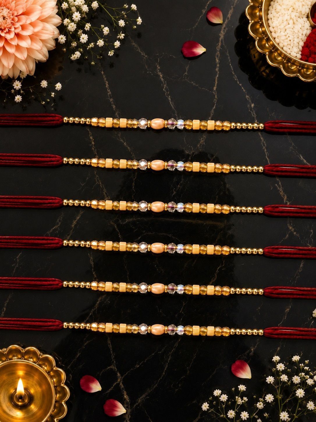 Thread Designer Beaded Rakhi Set Pack of 6 for Brother | Festive Rakhi Combo Assorted, Mauli Thread Rakhi, Chawal Roli Pack, Greeting Card Set-image-8