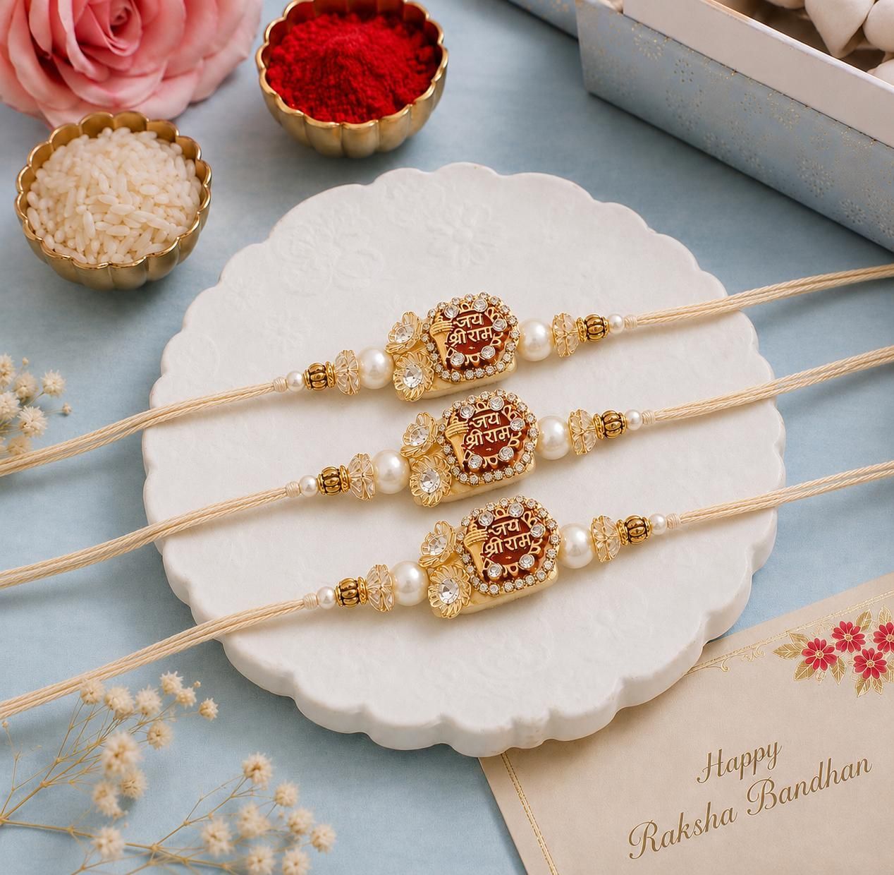 Designer Set of 3 Jay Shri Ram Designer Rakhis with Roli Chawal Pack Pearl, Zardosi Rakhi Set-image-36