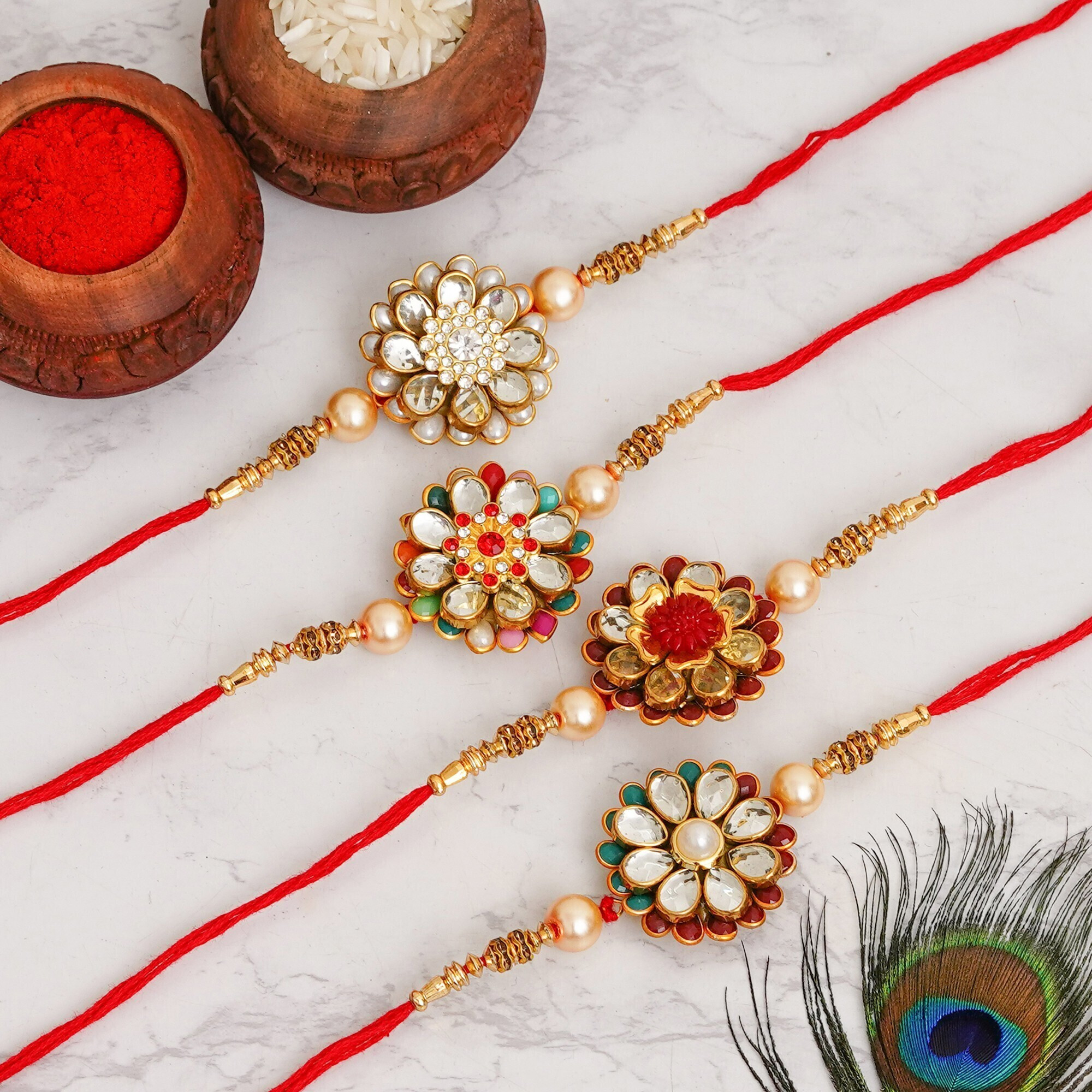 shubham jewellers Designer RAKHI224@78 Gold Finish Artificial Flower Set image 1