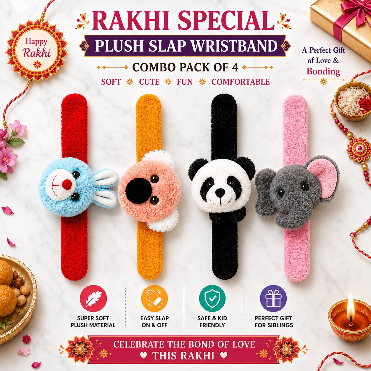Kids Cute Animal Plush Slap Bracelet Wristband Soft Toy for Kids Boys & Girls Yarn Rakhi Set-image-24