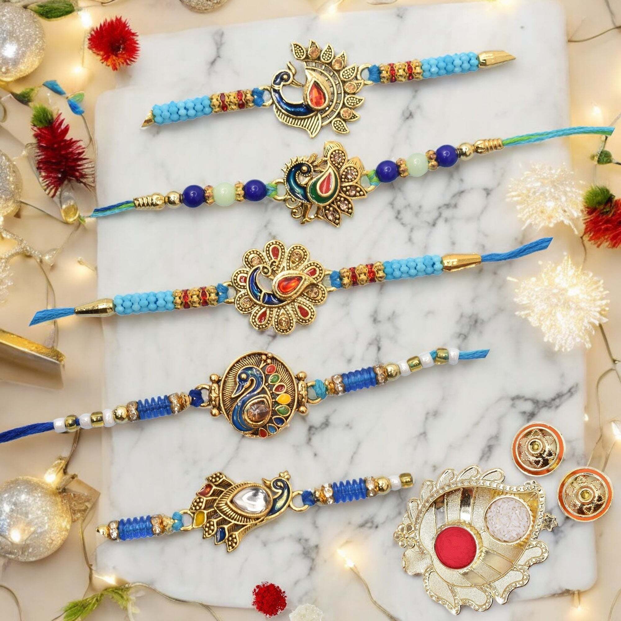 Religious THRK-030 Assorted, Kundan, Gold Finish, Mauli Thread Rakhi, Greeting Card, Thali, Chawal Roli Pack Set-image-22