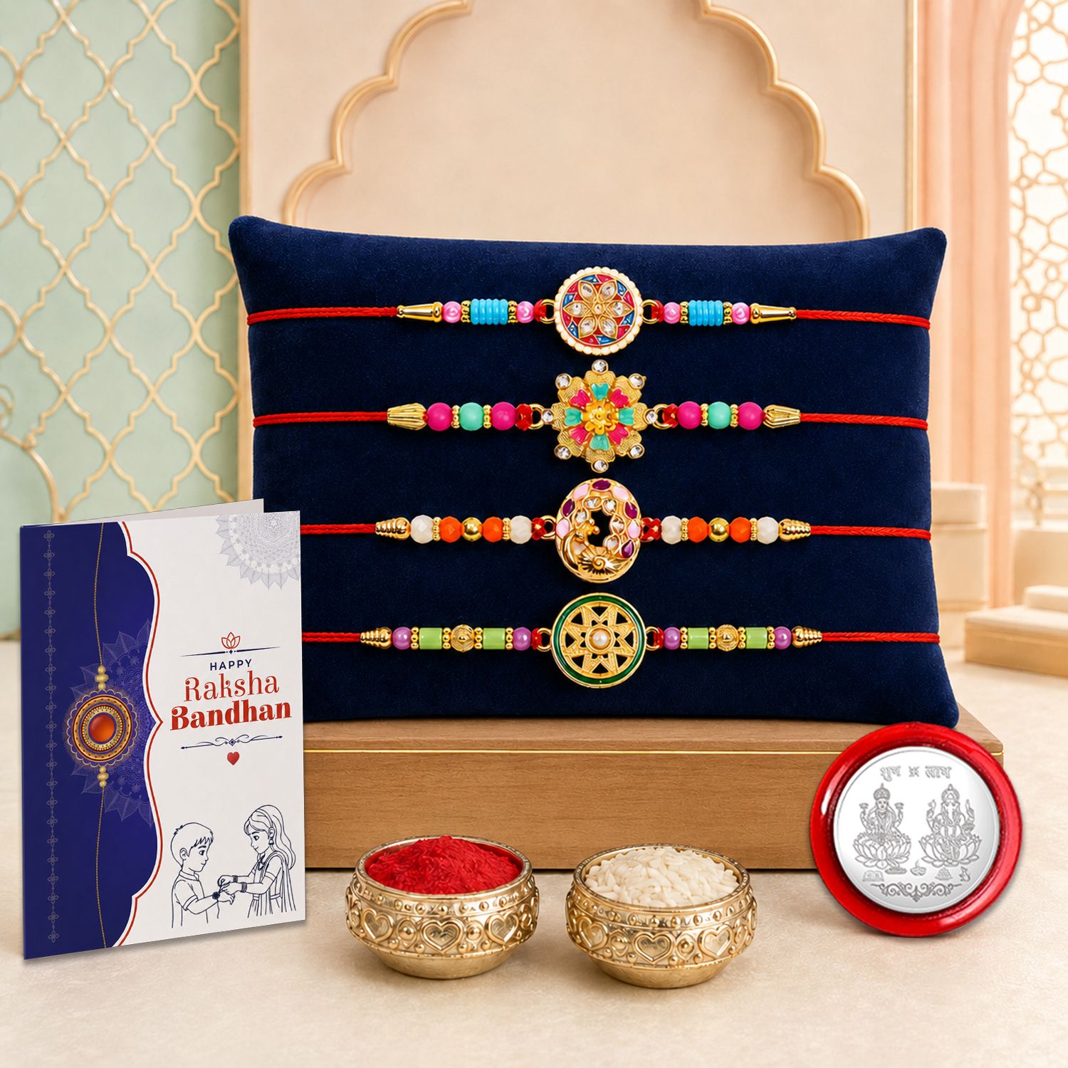 Designer Rakhi With Rakhi|Roli-chawal|Coin|Greeting Card_K4_1080+1076+1098+1036 Assorted Rakhi Set-image-35
