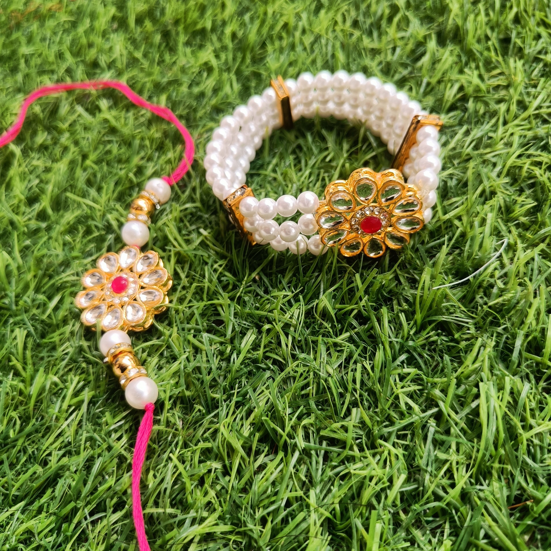 ridz handmade gifts Bhaiya Bhabhi Kundan Thread Rakhi with Adjustable Kundan Elastic Bracelet Assorted Rakhi, Lumba Set image 1