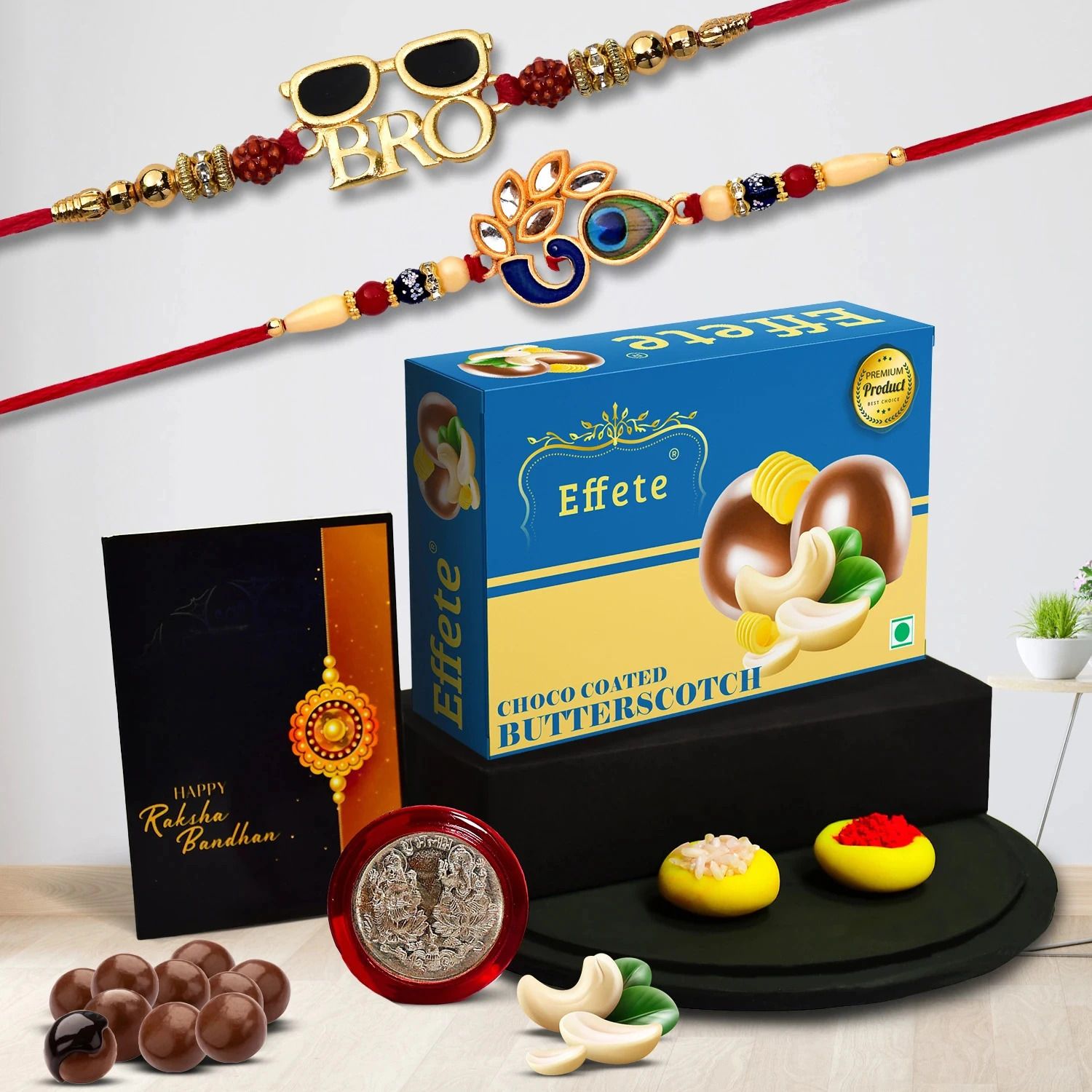 Designer Rakhi Combo Gift Set for Brother |Butterscotch 32Gm|Chocolate|Y22K2_252+A27_BS32 Assorted Rakhi Set-image-48