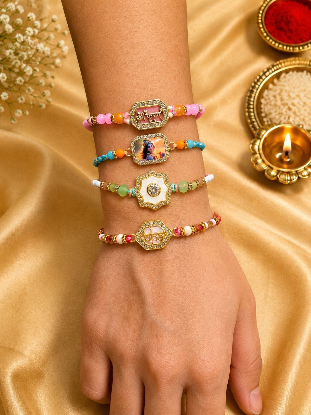 Designer Raksha Bandhan Sister Brother Rakhi Gift Combo Designer Rakhi 4Pcs Set Mauli Thread Rakhi Set-image-42