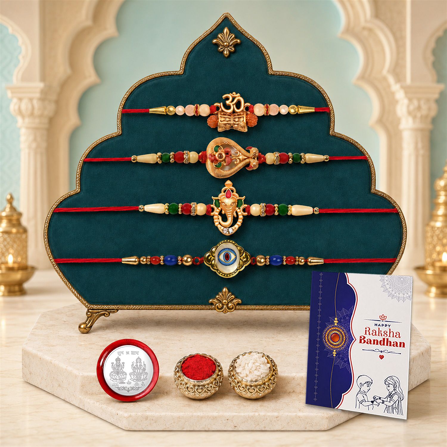 Designer Rakhi With Rakhi|Roli-chawal|Coin|Greeting Card_K4_221+222+251+1836 Assorted Rakhi Set-image-45