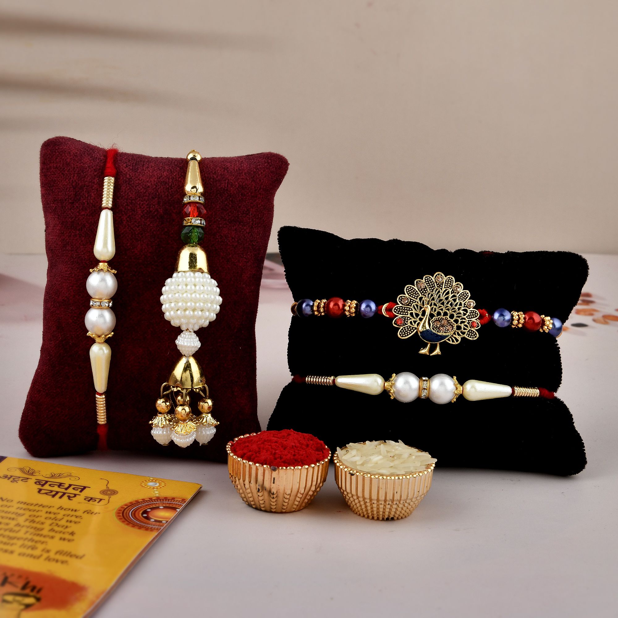 Bhaiya Bhabhi RAKHI108 Mauli Thread, Gold Finish, Assorted, Pearl Bracelet, Chawal Roli Pack, Rakhi, Greeting Card Set-image-20