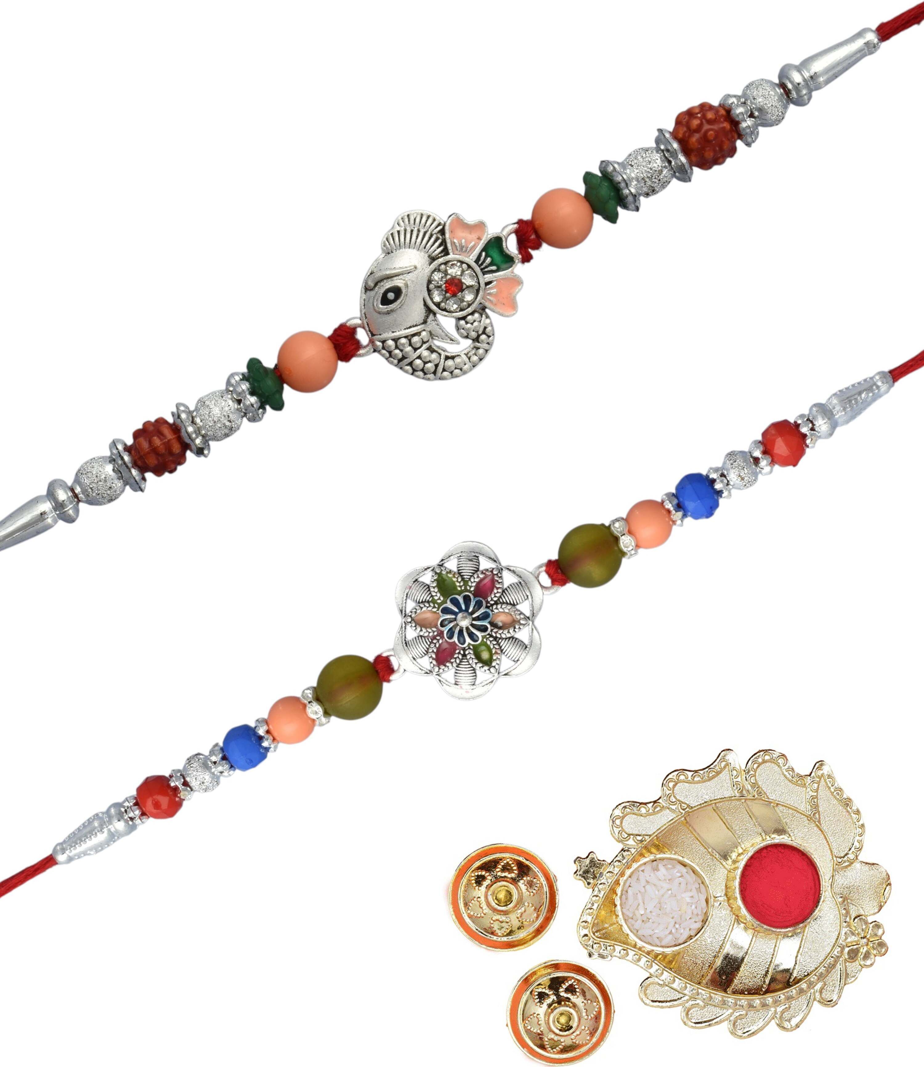 meira jewellery Religious New Stylish German Silver set of 2 Rakhi with Puja Thali Raksha Bandhan Gift-31 Assorted, Silver, Mauli Thread Chawal Roli Pack, Greeting Card, Rakhi, Thali Set-picture-11