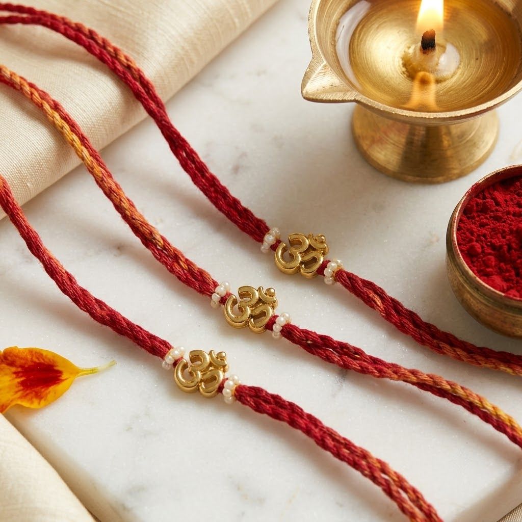 krishna enterprise Designer Traditional Handcrafted Gold Om Charm Rakhi set of 3 Gold Finish Rakhi Set-picture-12