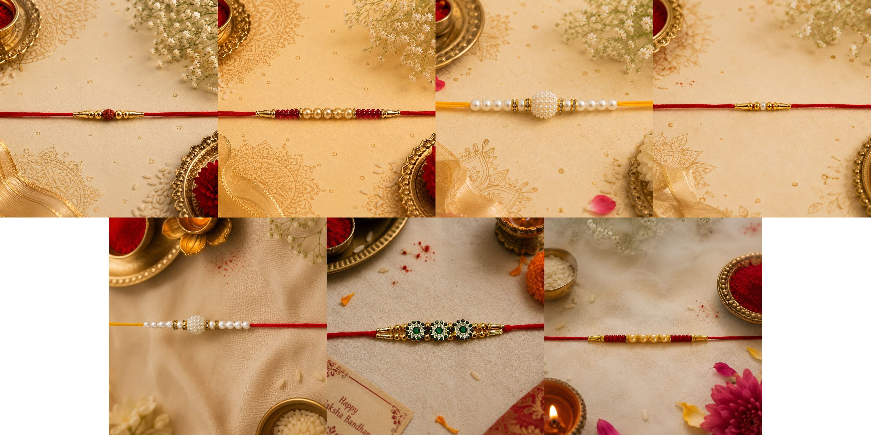 Designer July combo7 Rakhi Set-4084 Gold Finish, Mauli Thread, Pearl Rakhi Set-image-44
