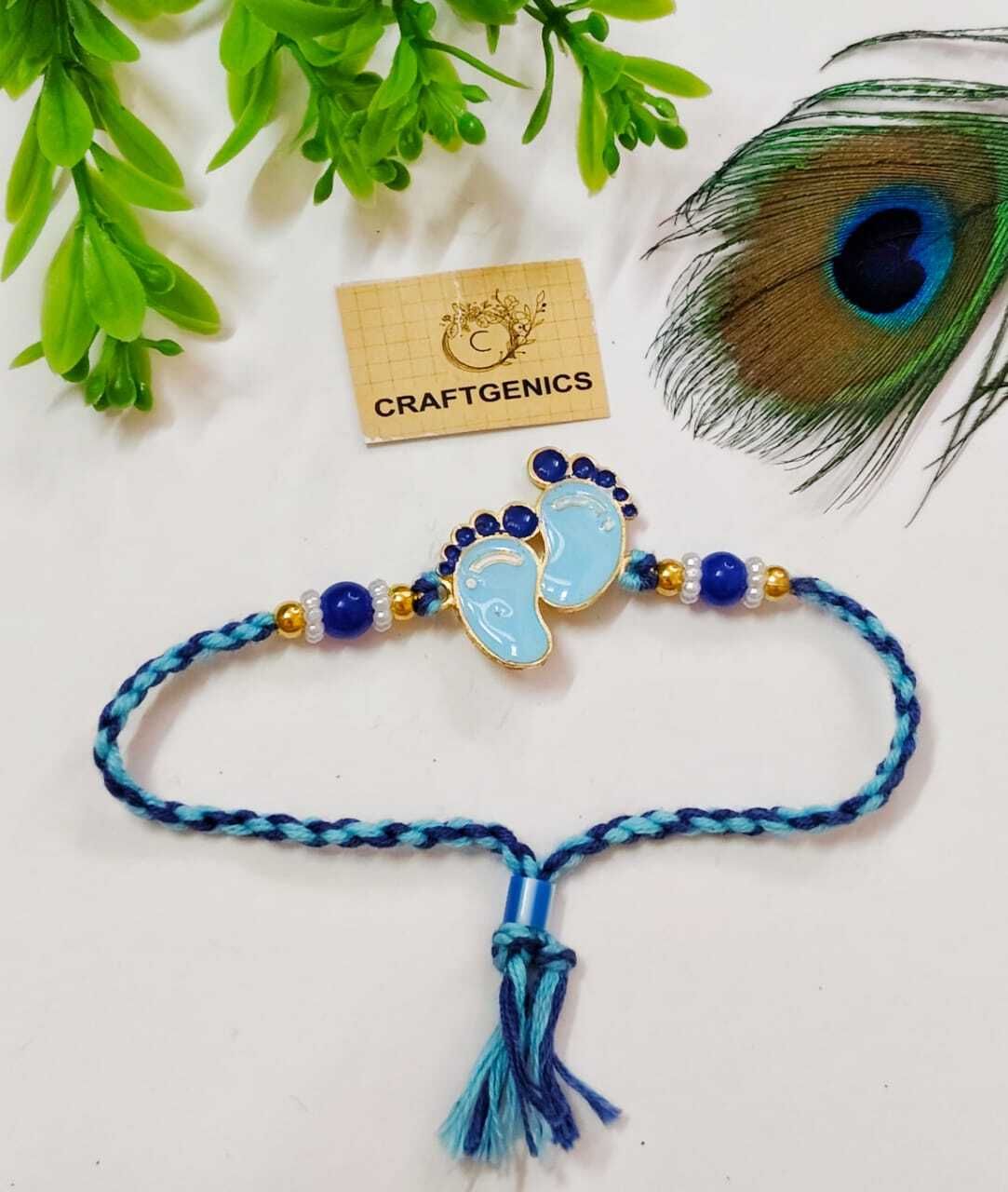 Designer Feet Rakhi Blue Thread Kundan, Mauli Thread Rakhi Set-image-48