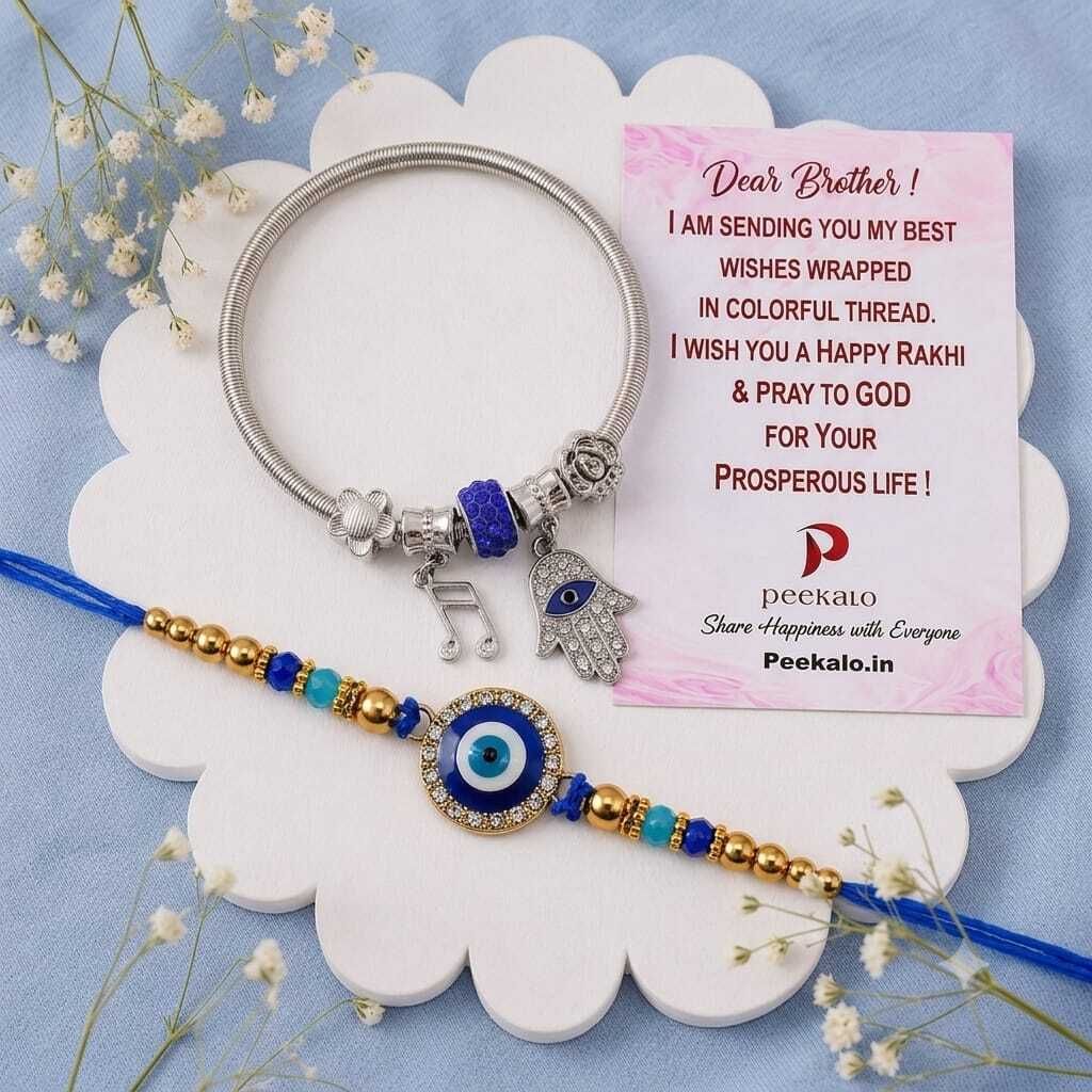 peekalo Bhaiya Bhabhi Premium Bhaiya Bhabhi Evil Eye Bracelet Designer Rakhi Assorted, Mauli Thread Rakhi, Chawal Roli Pack Set-picture-21