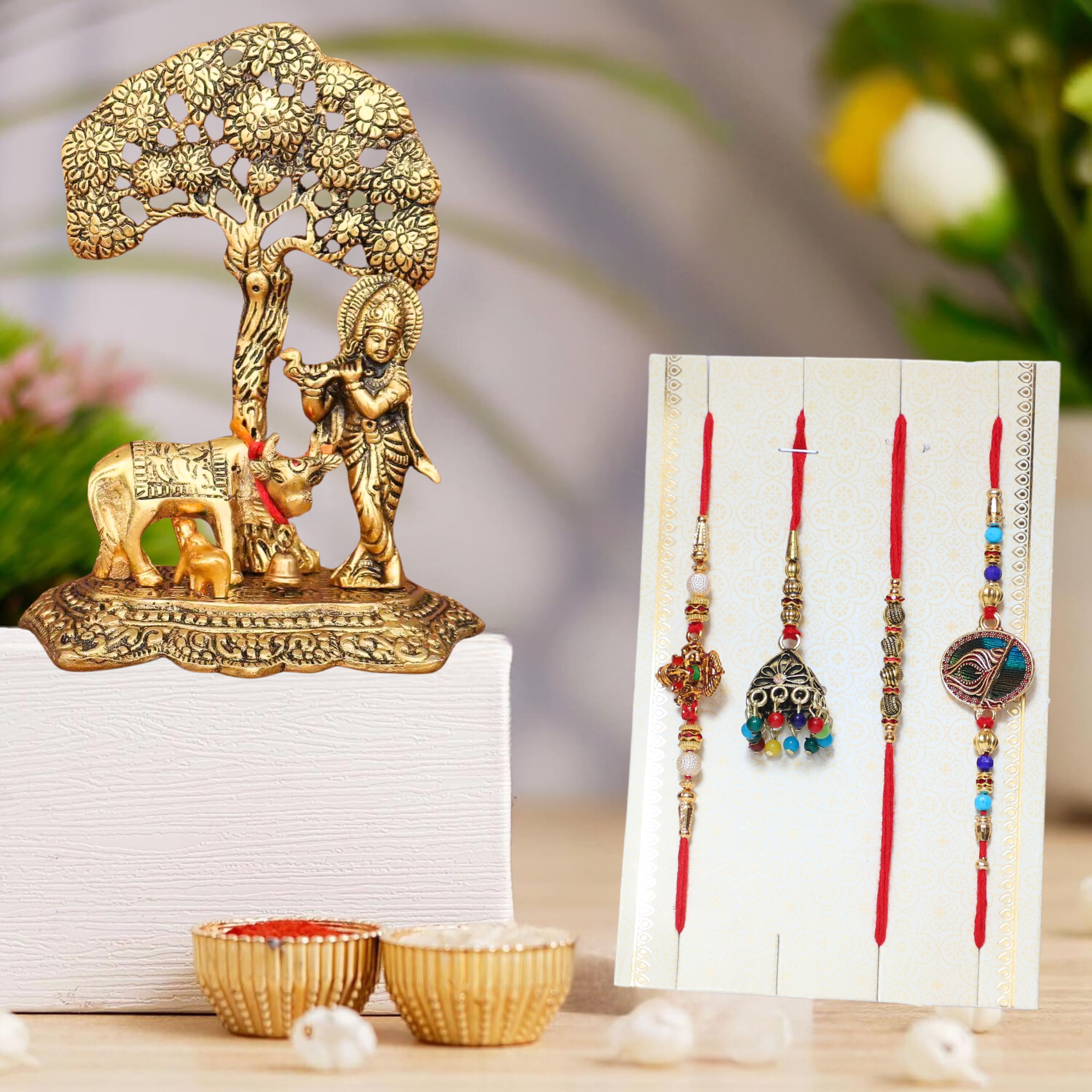 chhariya crafts Bhaiya Bhabhi Bhaiya Bhabhi Rakhi Combo Gift Set 1 Metal Krishna Idol Plying With Flute, Chawal Roli Pack, 1 Designer Lumba Rakhi For Bhabhi, 1 Designer Rakhi For Bhaiya Brother, 2 Extra Rakhi ) Assorted, Gold Finish, Kundan, Pearl, Plastic (PVC), Mauli Thread, Yarn Rakhi, Chawal Roli Pack, Showpiece, LumbaSet-picture-21
