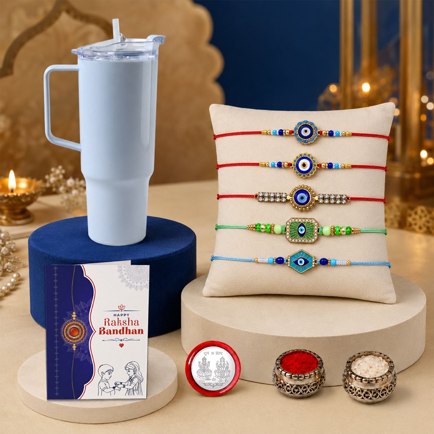 deodap Designer Rakhi With Tumbler|Roli-chawal|Coin|Greeting Card_K5_NC549+11292 Assorted Rakhi Set-picture-39
