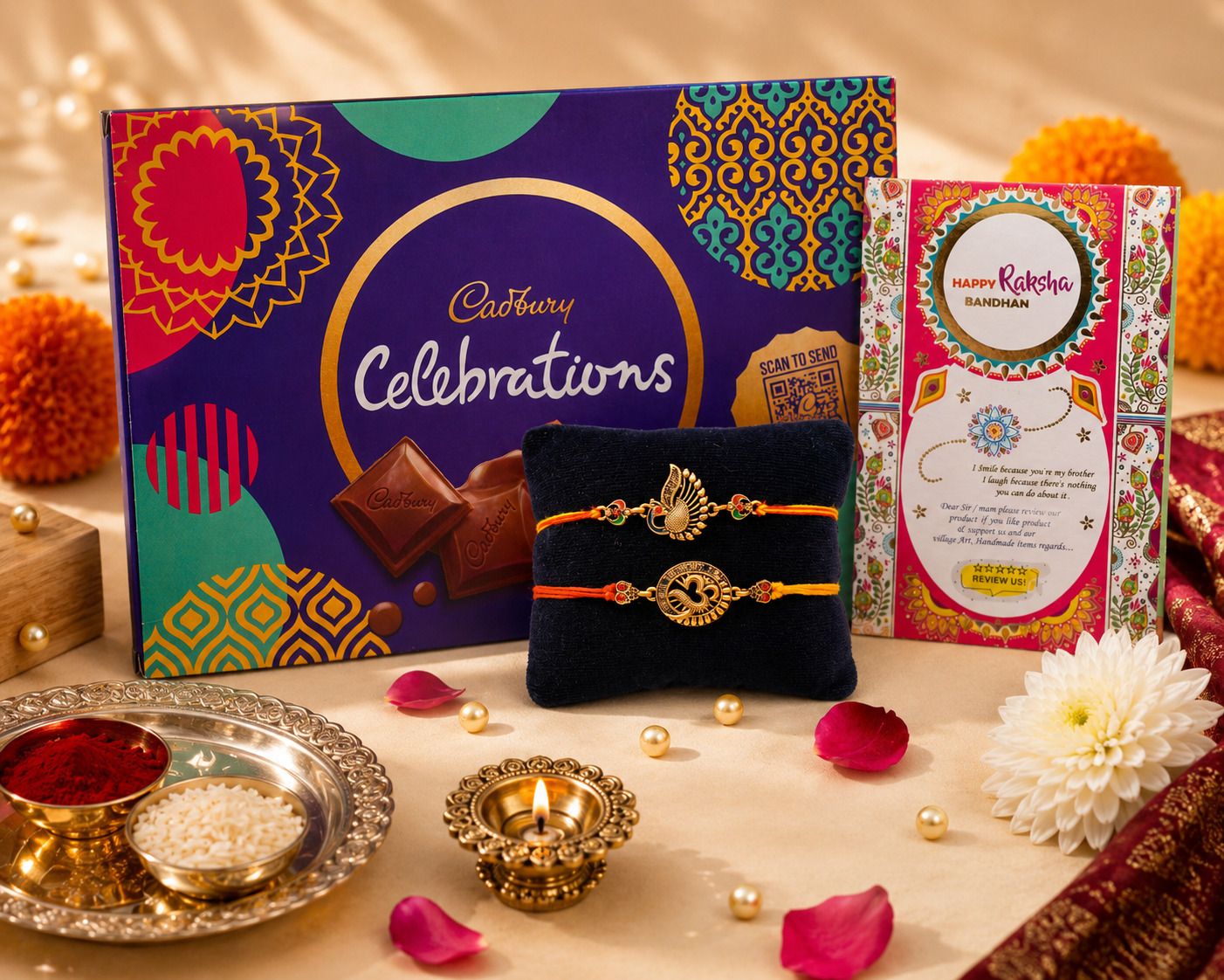 Cadbury Celebration Pack with Ganesh-Rudraksh Rakhi, Roli-Chawal & Rakhi Card Assorted Gift Box-image-7