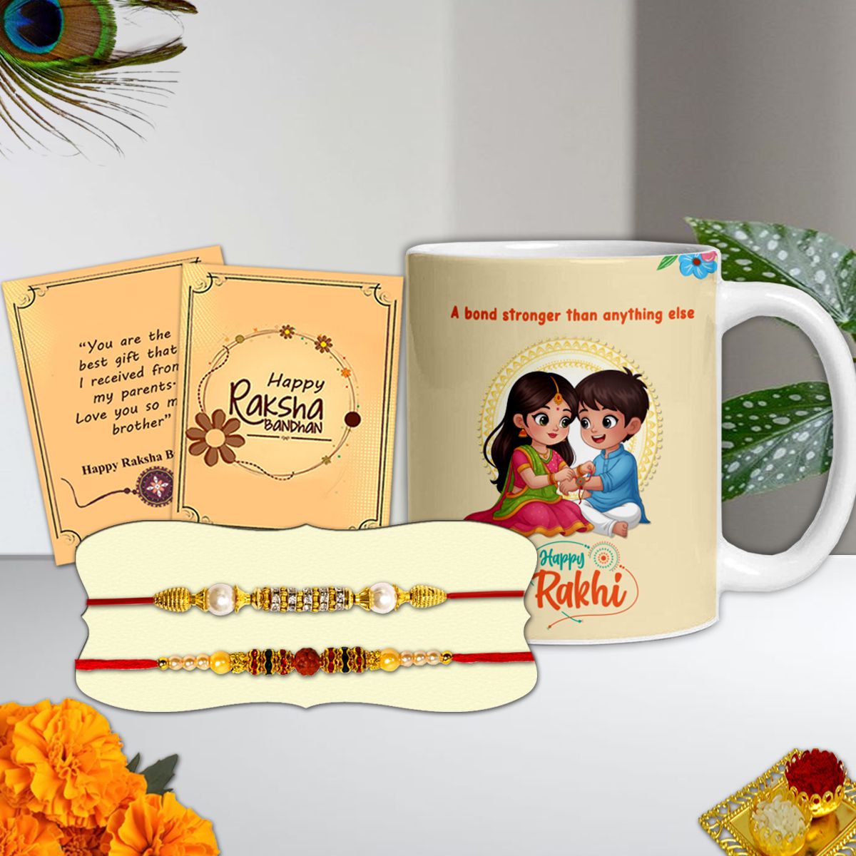 Thread Stylish Raksha Bandhan Gift for Brother - Mug Rakhi Card Fancy Rakhi Set Assorted Rakhi, Greeting Card, Chawal Roli Pack, Mug Set