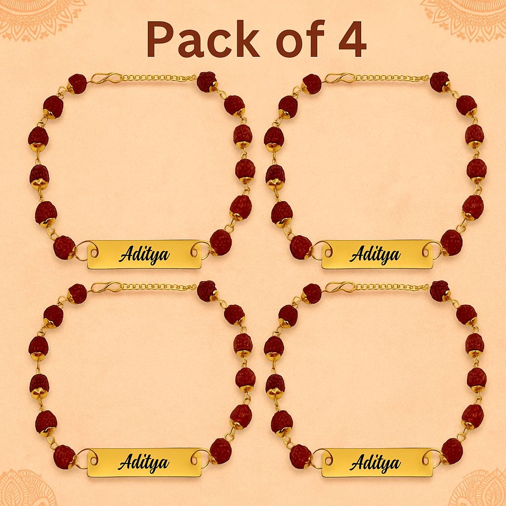 celed Bracelet Rudraksh Rakhi with Name pack of 4 , 4 name Rakhi Gold Finish Chawal Roli Pack Set-picture-38
