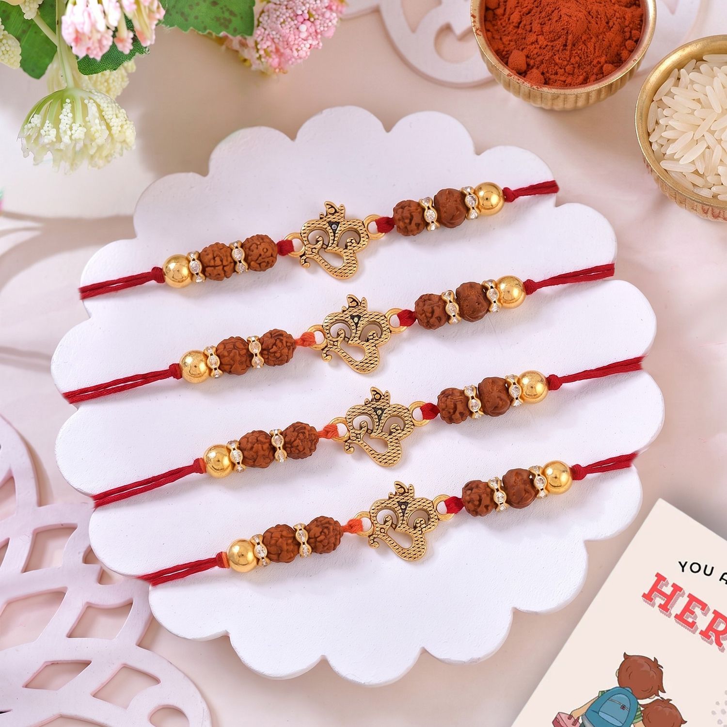 ascension Religious Om Rudraksha Bracelet Rakhi for Bhaiya with Roli Tilak & Fridge Magnet (4 Pc) Assorted Rakhi Set-picture-15