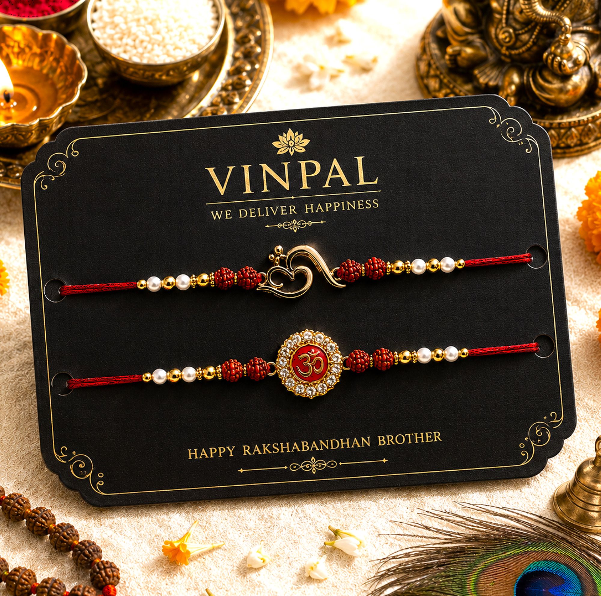 vinpal Religious Set of 4 Rudraksha & Om Rakhis for Brothers|Premium Rakhi Assorted Rakhi Set-picture-12