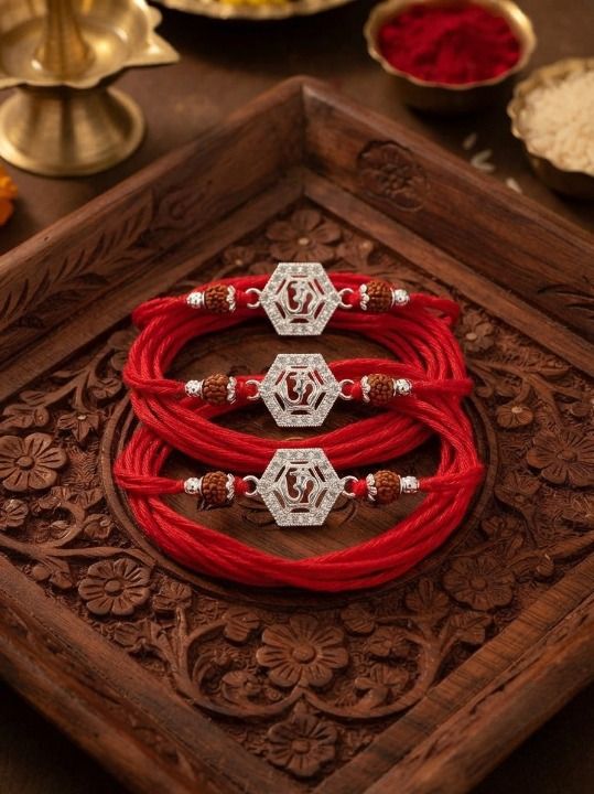 Designer Om Rakhi Bracelet | Sacred Red Kalava Thread with Rudraksha Beads | Mauli Thread, Silver Rakhi Set-image-4