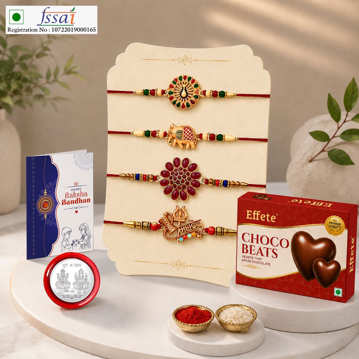 effete Rakhi With Chocolate|Roli-chawal|Coin|Greeting Card_K4_543+305+128+171+CB32 Assorted Gift Box-picture-36