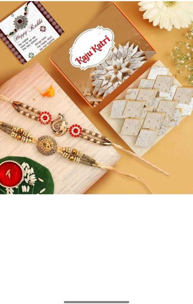 Designer Rakhi for brother man with sweet, Kundan Rakhi, Chawal Roli Pack Set-image-1