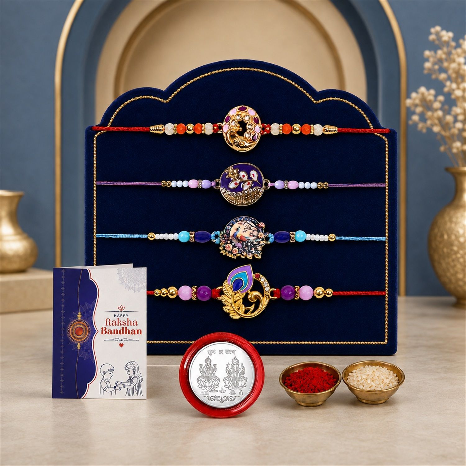 Designer Rakhi With Rakhi|Roli-chawal|Coin|Greeting Card_K4_1036+1914+1058+1069 Assorted Rakhi Set-image-39