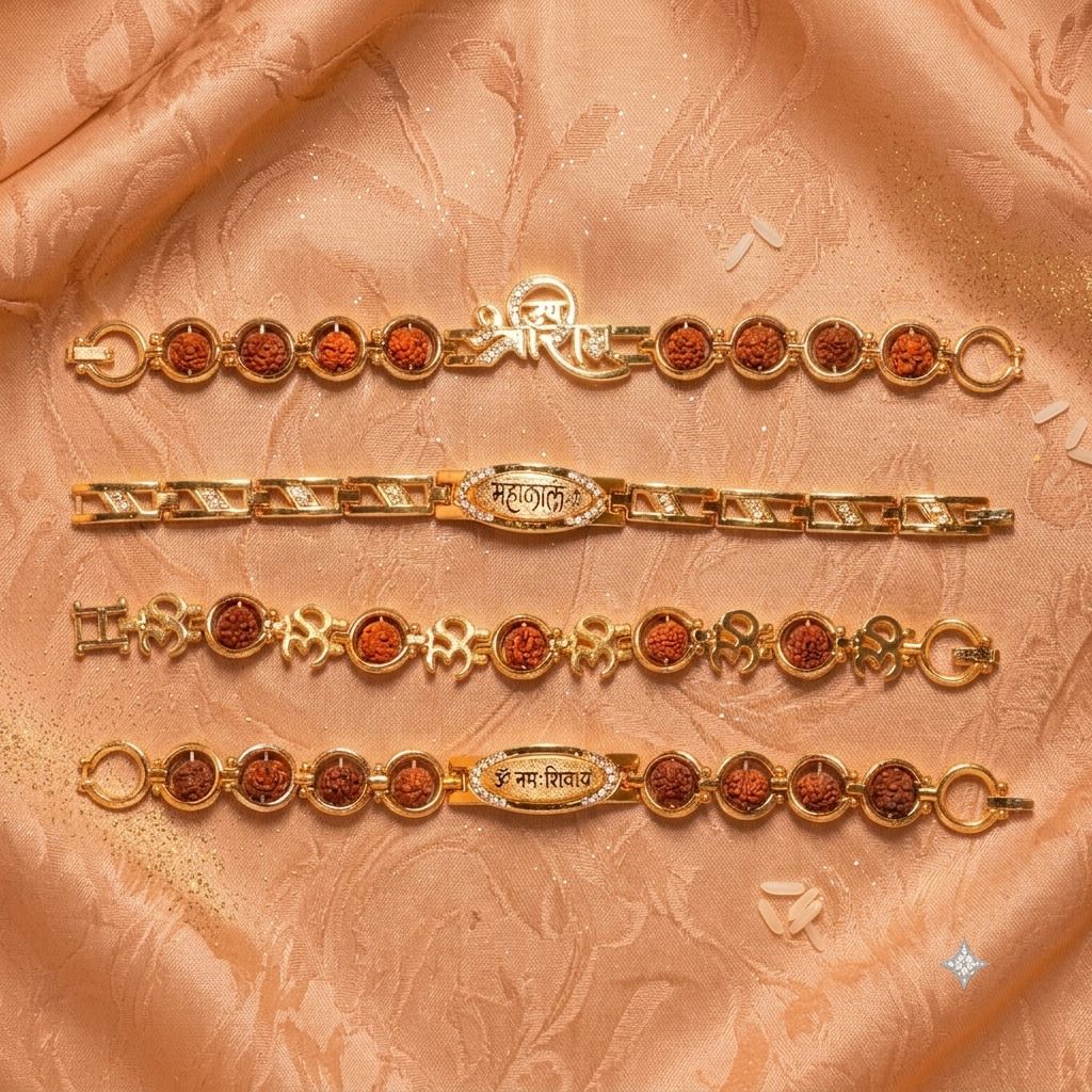 privish Bracelet Ram, Mahakal & Om Namah Shivay Rudraksha Bracelet Combo (Pack of 4) Gold Finish Bracelet Set-picture-29