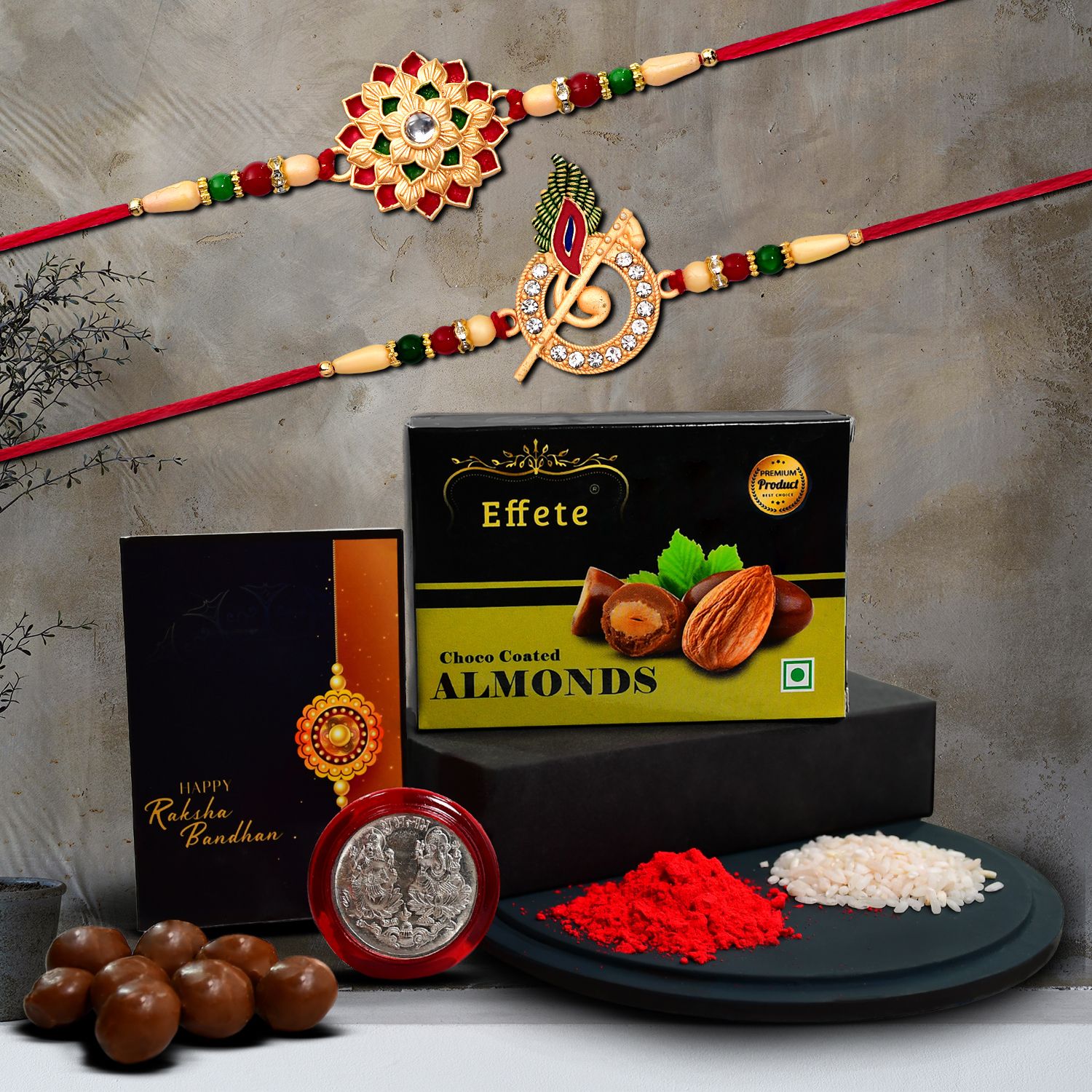 Designer Rakhi Combo for Brother with Chocolate Almond(32-GM) Assorted Rakhi Set-image-6