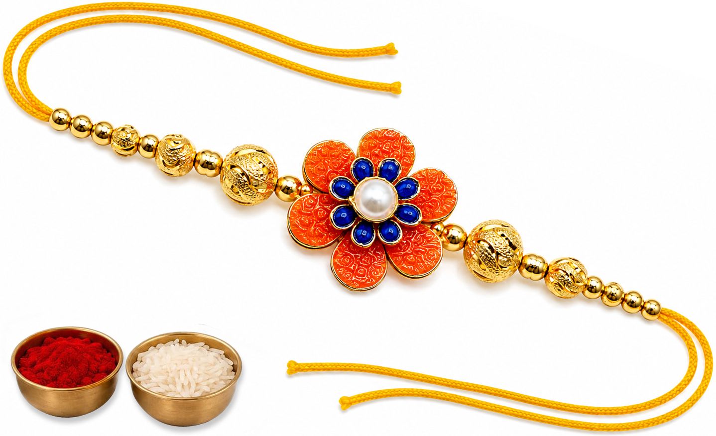Designer Premium Blue Floral Stone Rakhi for Brother Gold Finish Rakhi Set-image-34