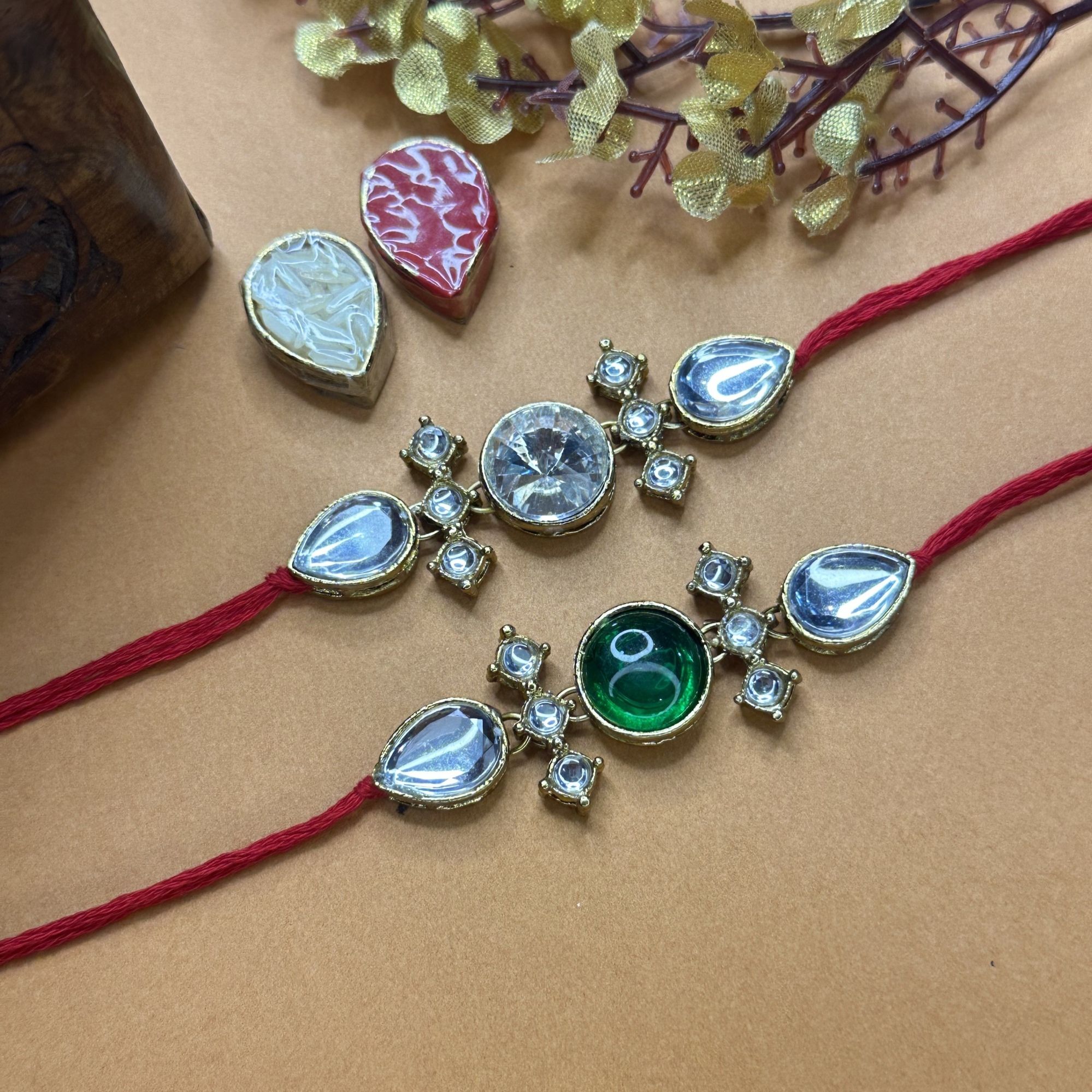 Designer P2-RAKHI-33-G+W Kundan Rakhi, Chawal Roli Pack Set-image-5
