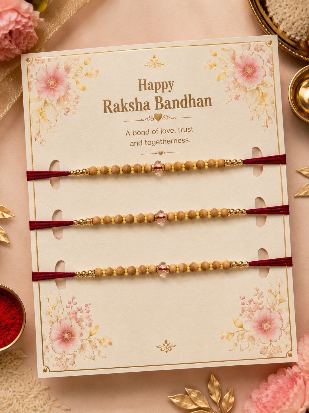 Thread Designer Wooden Beads & Crystal Rakhi Combo Pack of 3 for Brother Mauli Thread Rakhi, Chawal Roli Pack, Greeting Card Set-image-23