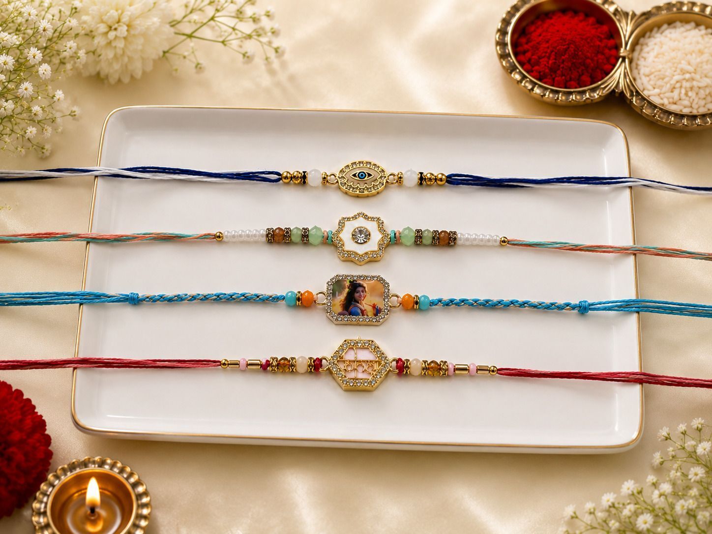 szn Designer Mix Design Floral Crystal, Evil Eye, Krishna Photo & Bhai Rakhi Combo of 4Pcs Mauli Thread Rakhi Set-picture-11